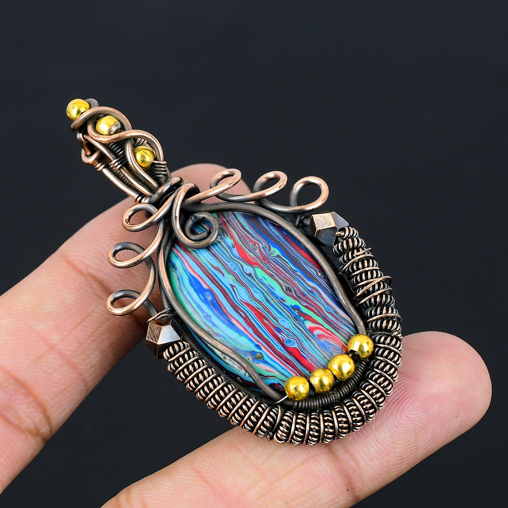Rainbow Calcilica Gemstone Pure Copper Wire Wrapped Handmade Pendant Jewelry