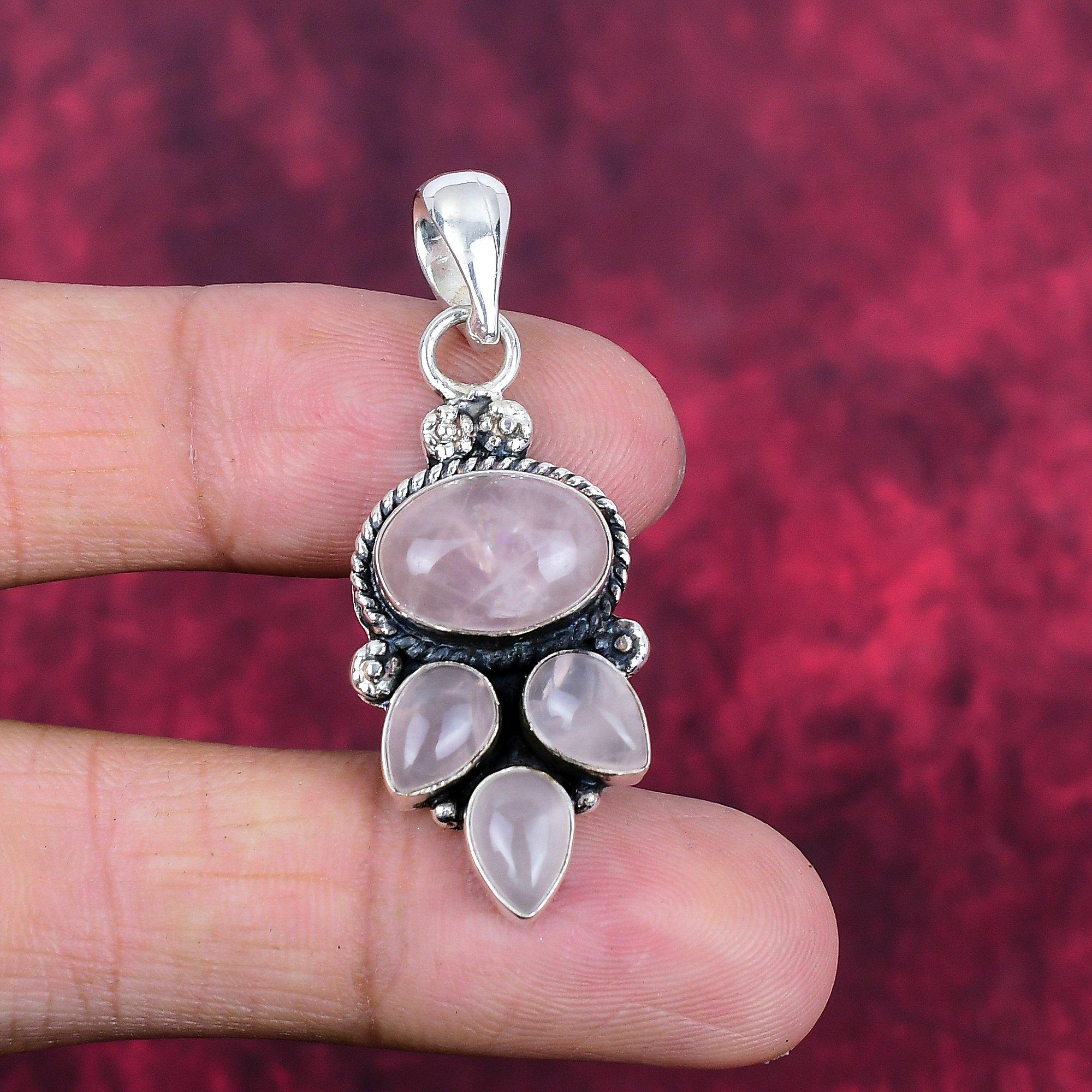 Jóias de quartzo rosa, pingente de prata esterlina sólida 925, joias artesanais com pedras preciosas, presentes para esposa, pingente novo