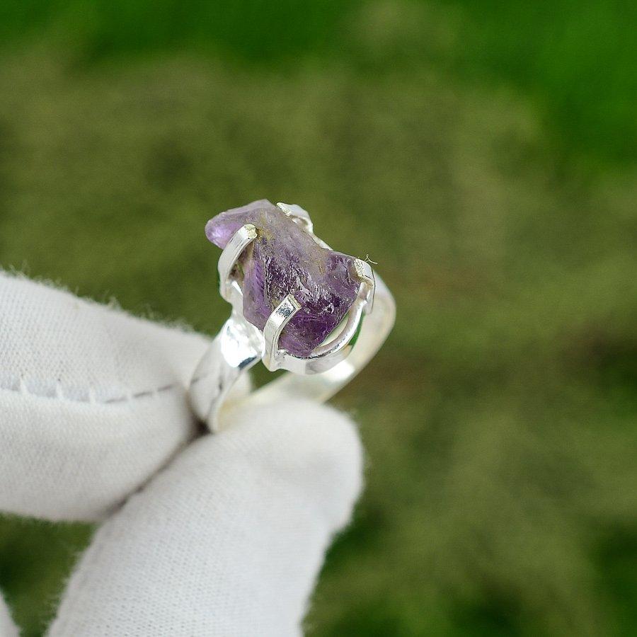 Birthday Gift For Her Natural Amethyst Rough Statement Ring Size 7.5 925 Silver