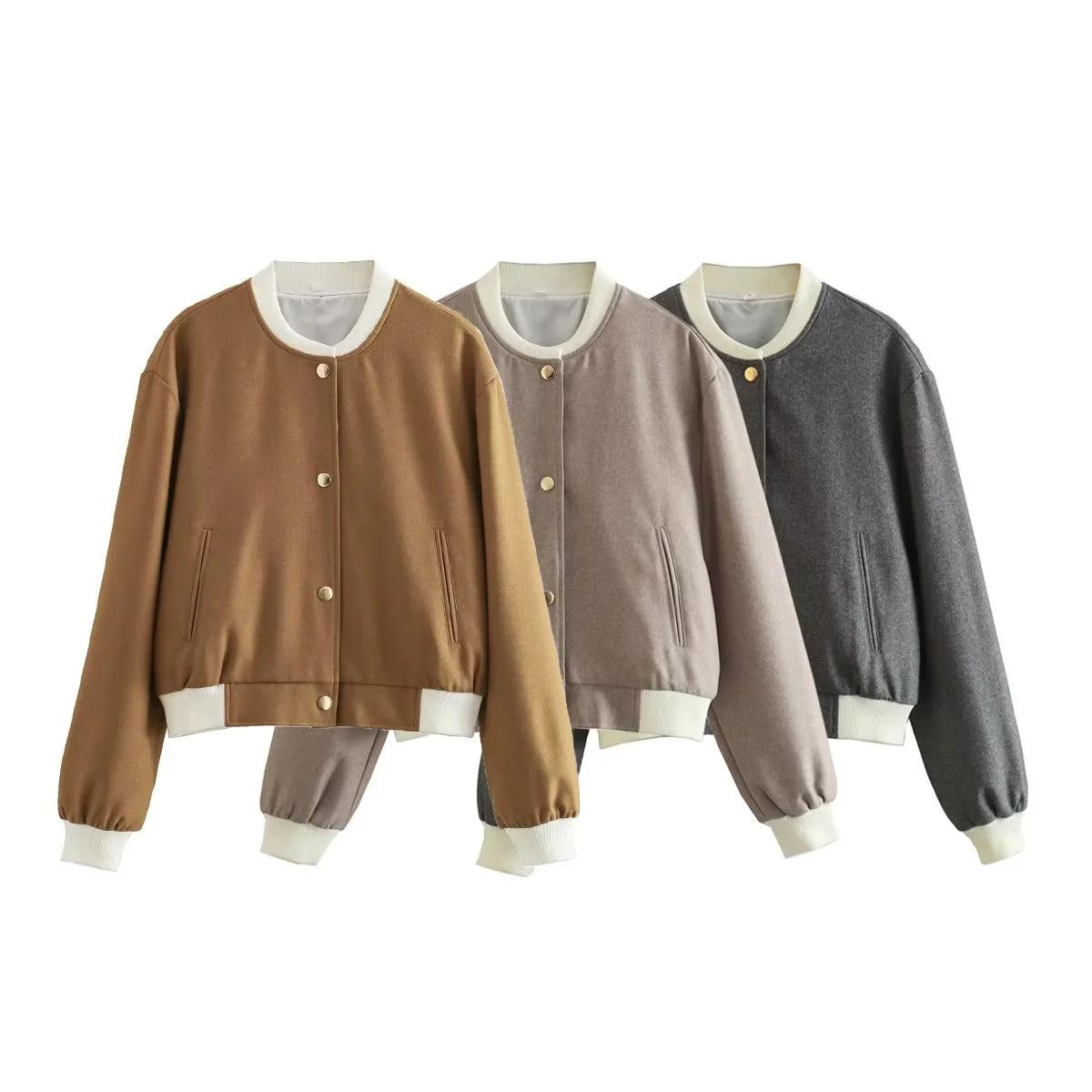 Vertical Collar Double Pocket Contrast Biker Aviator Jacket Coat Women's Top