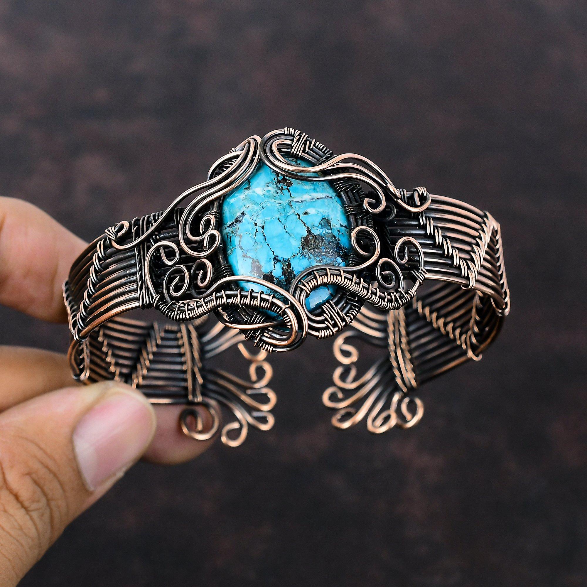 Tibetischer Türkis Edelstein Armreif Verstellbarer Manschettenarmreif Kupferdraht umwickelter Armreif Handgefertigter Designer Armreif Kupferschmuck Geschenk für Frauen