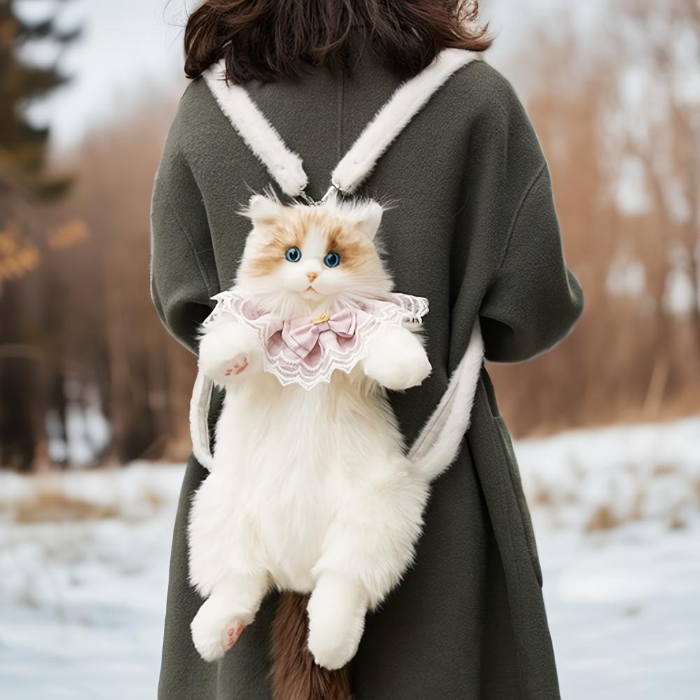 Handmade Unique Ragdoll Cat Shape Backpack Plush Animal Cat Realistic Fashion Gifts for Girls and Cat Lovers Christmas Gifts Valentine's Day Gifts
