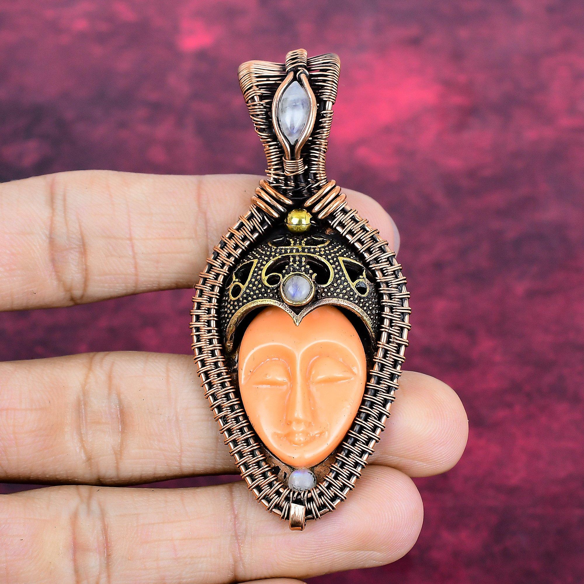Orange Carved Bone Face Pendant Copper Wire Wrapped Rainbow Moonstone Pendant