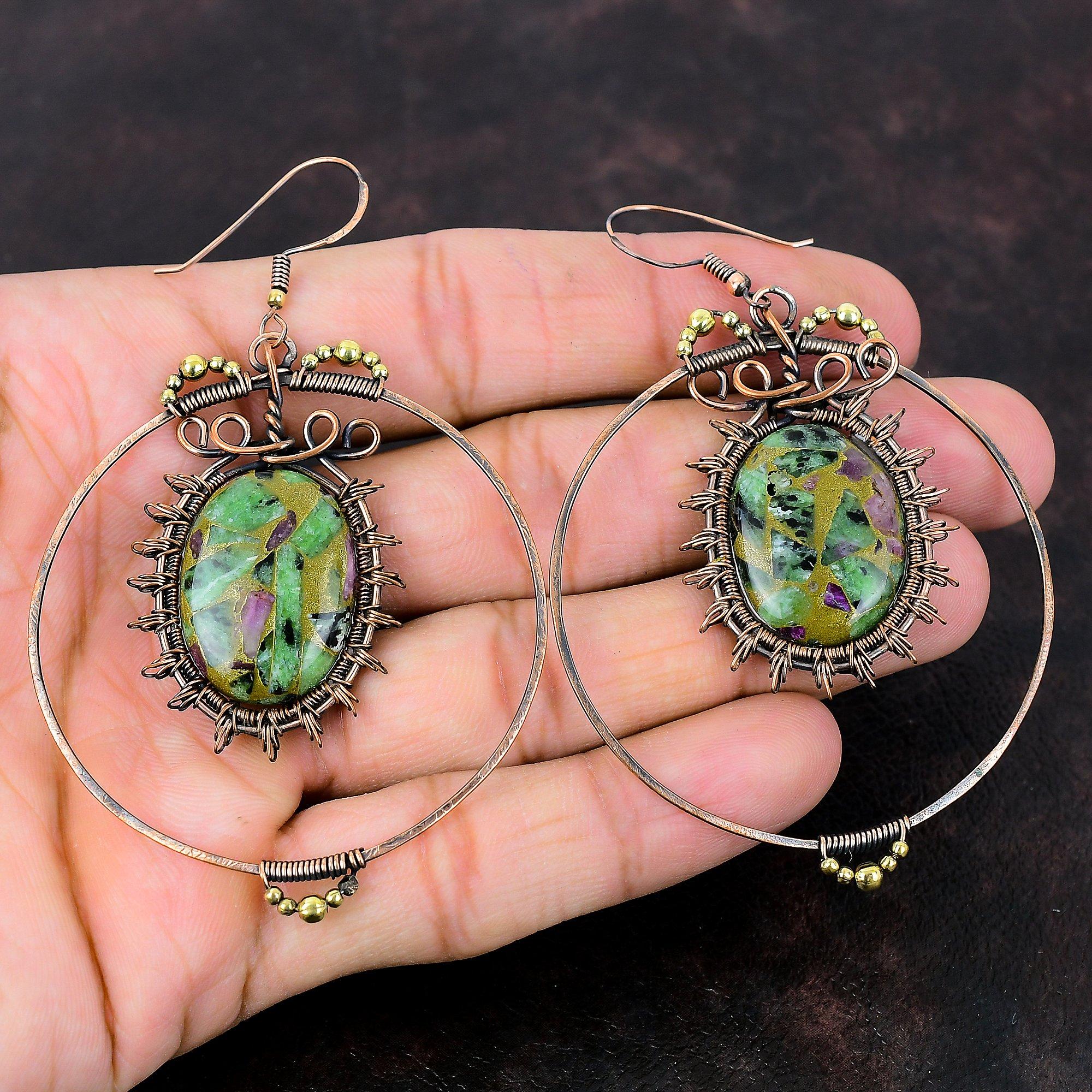 Copper Ruby Zoisite Earring Copper Wire Wrapped Earrings Genuine Gemstone Jewelry Brand New Earring Copper Jewelry For Gift Handmade Earring