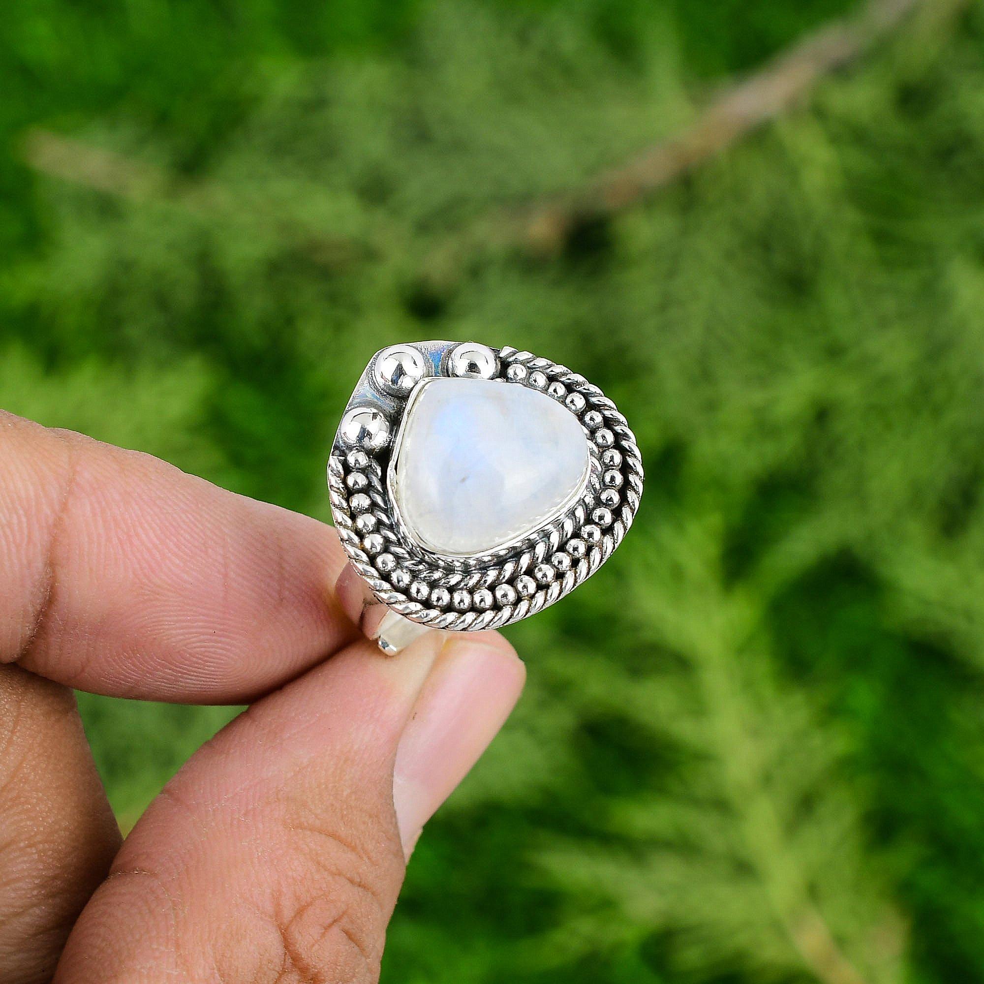 925 Silver Pear Rainbow Moonstone Stone Wedding Statement Mother Elegant Ring