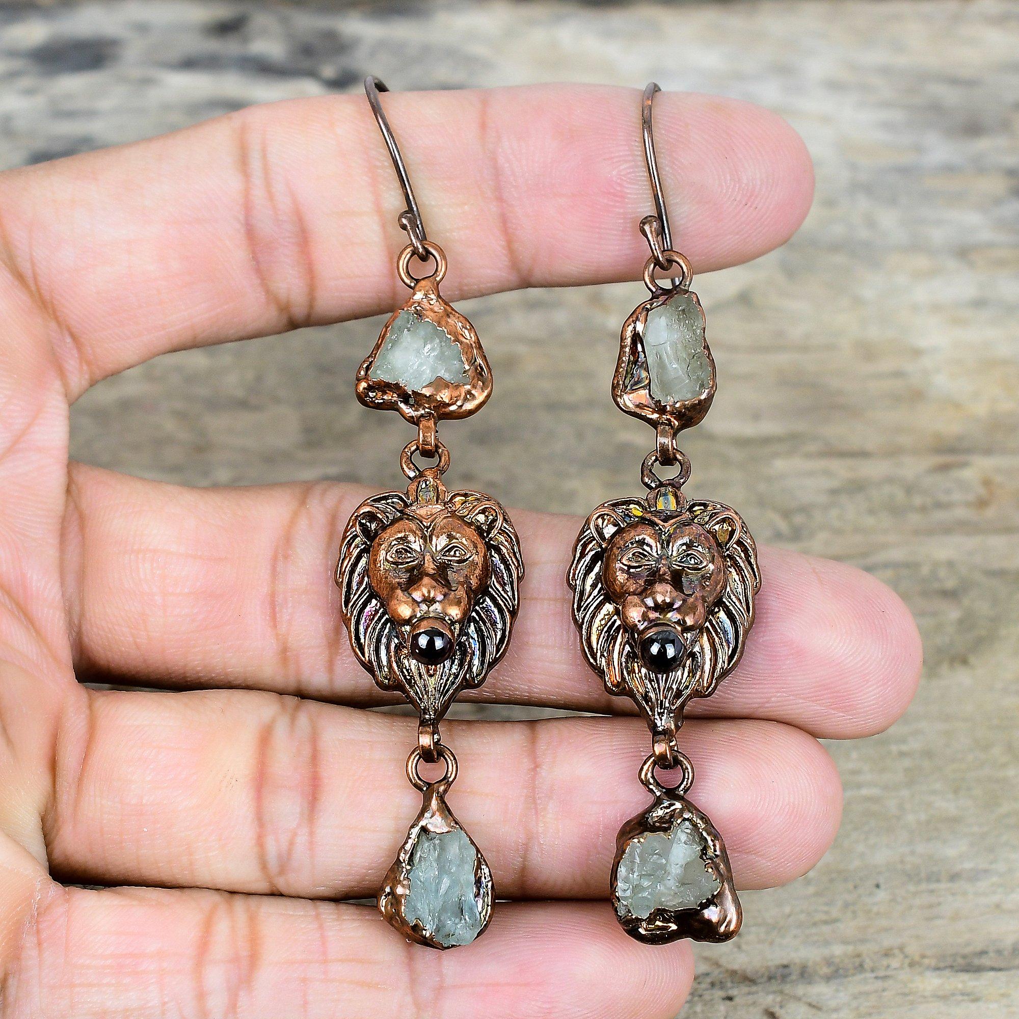 Aquamarine Rough Earring Electroformed Copper Earrings Gemstone Handmade Jewelry Lion Face Earring Beautiful Copper Jewelry Gifts for Mother