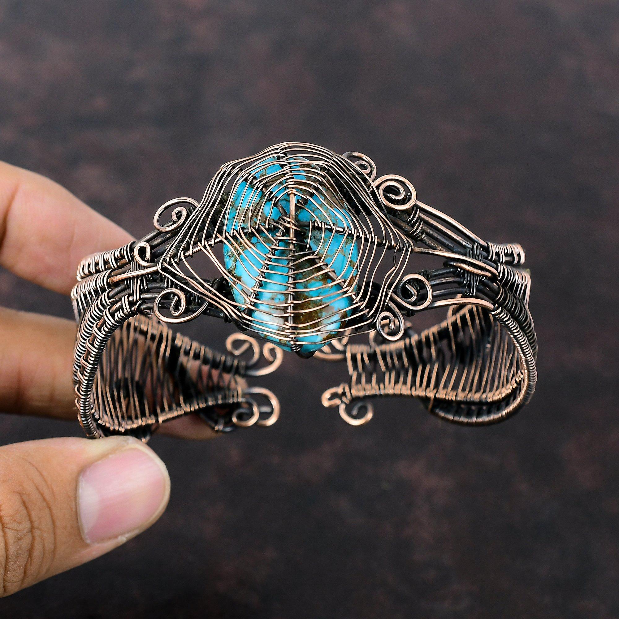 Tibetan Turquoise Cuff Bracelet Copper Wire Wrapped Bangle Adjustable Cuff Handmade Bracelet Gemstone Bangle Copper Jewelry Anniversary Gift