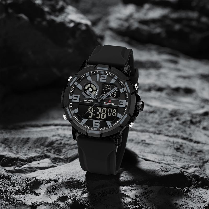 NAVIFORCE Original Men Dual Time Watch Quartz Movement LCD Digital Silicone Strap Waterproof Calendar Date Night Pattern Men Watch NF7130