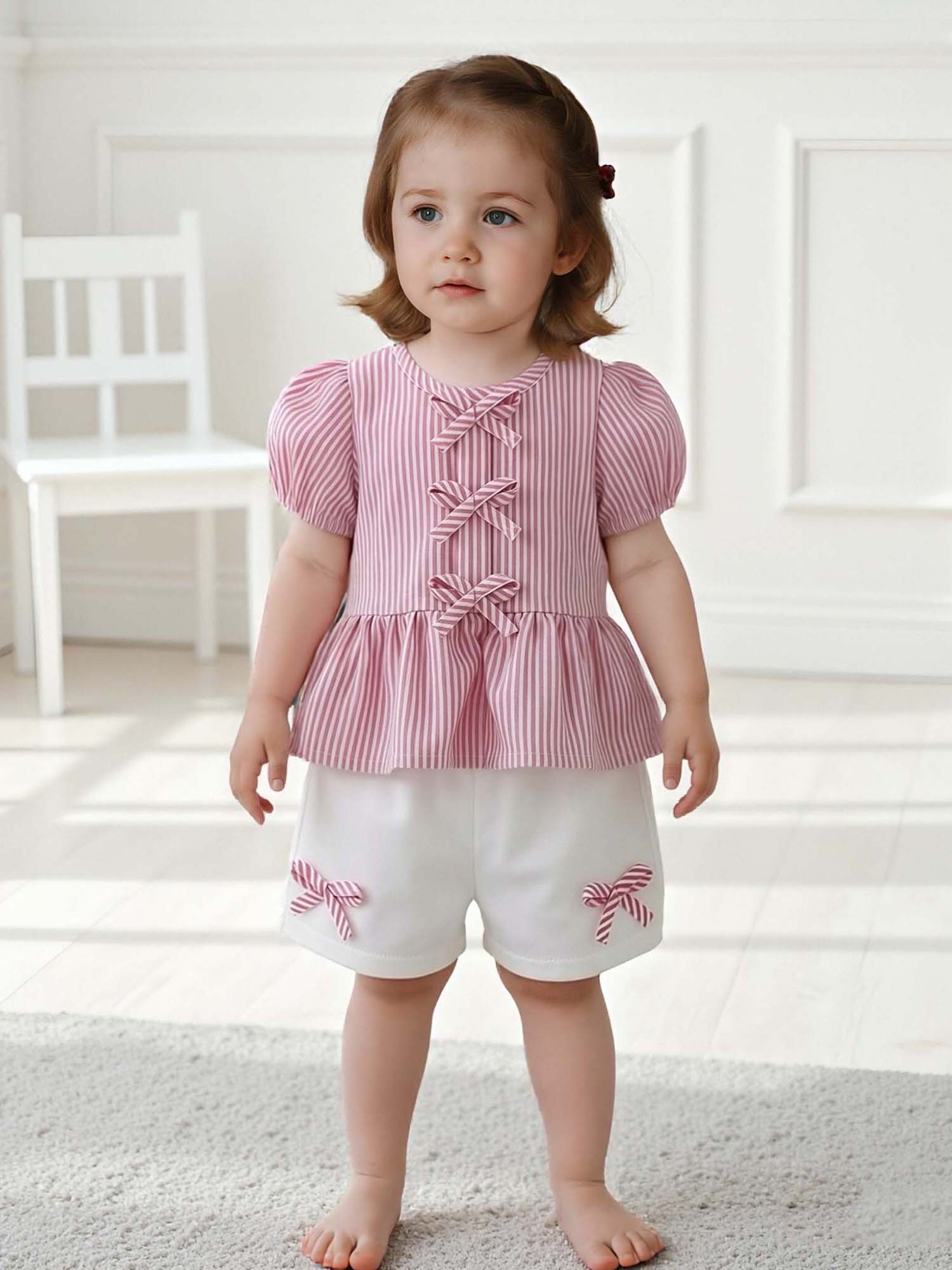 Baby Girl Clothing Set Summer Outfit Pink Stripe Top with Bow & Shorts Newborn Toddler 0-3Y