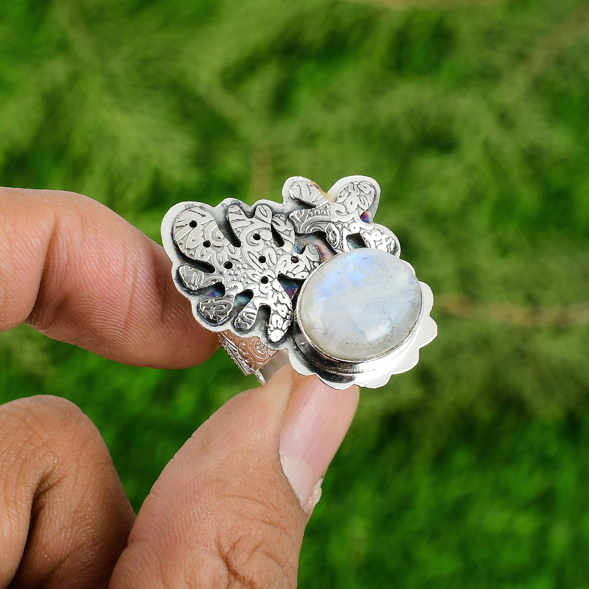 Natural Rainbow Moonstone 925 Silver Solitaire Adjustable Ring For Girls