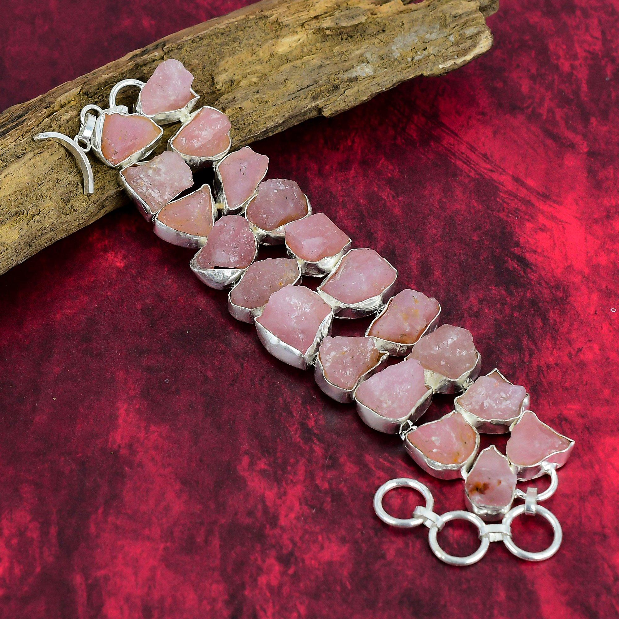 Rough Rose Quartz Bracelet Jewelry, Gemstone Bracelet 925 Solid Sterling Silver Jewelry, Handmade Unique Shape Adjustable Bracelet Jewelry For Love