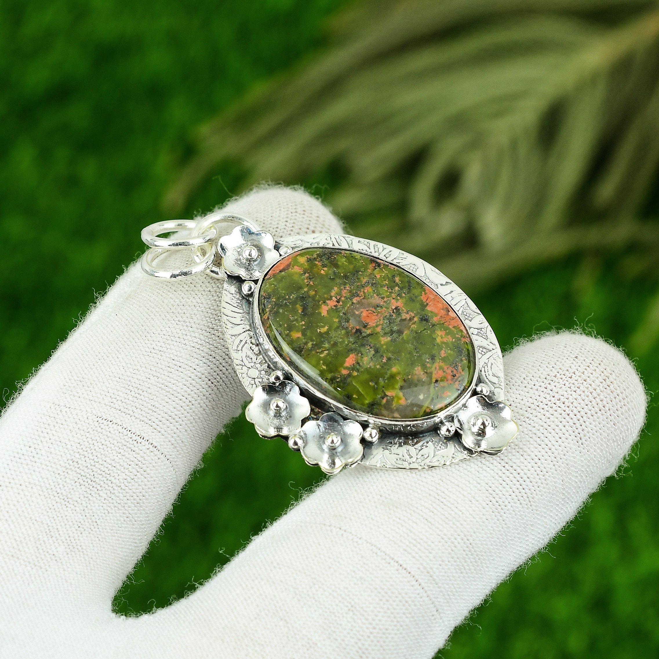 Natural Unakite Gemstone Pendant Handmade 925 Sterling Silver Indian Jewelry