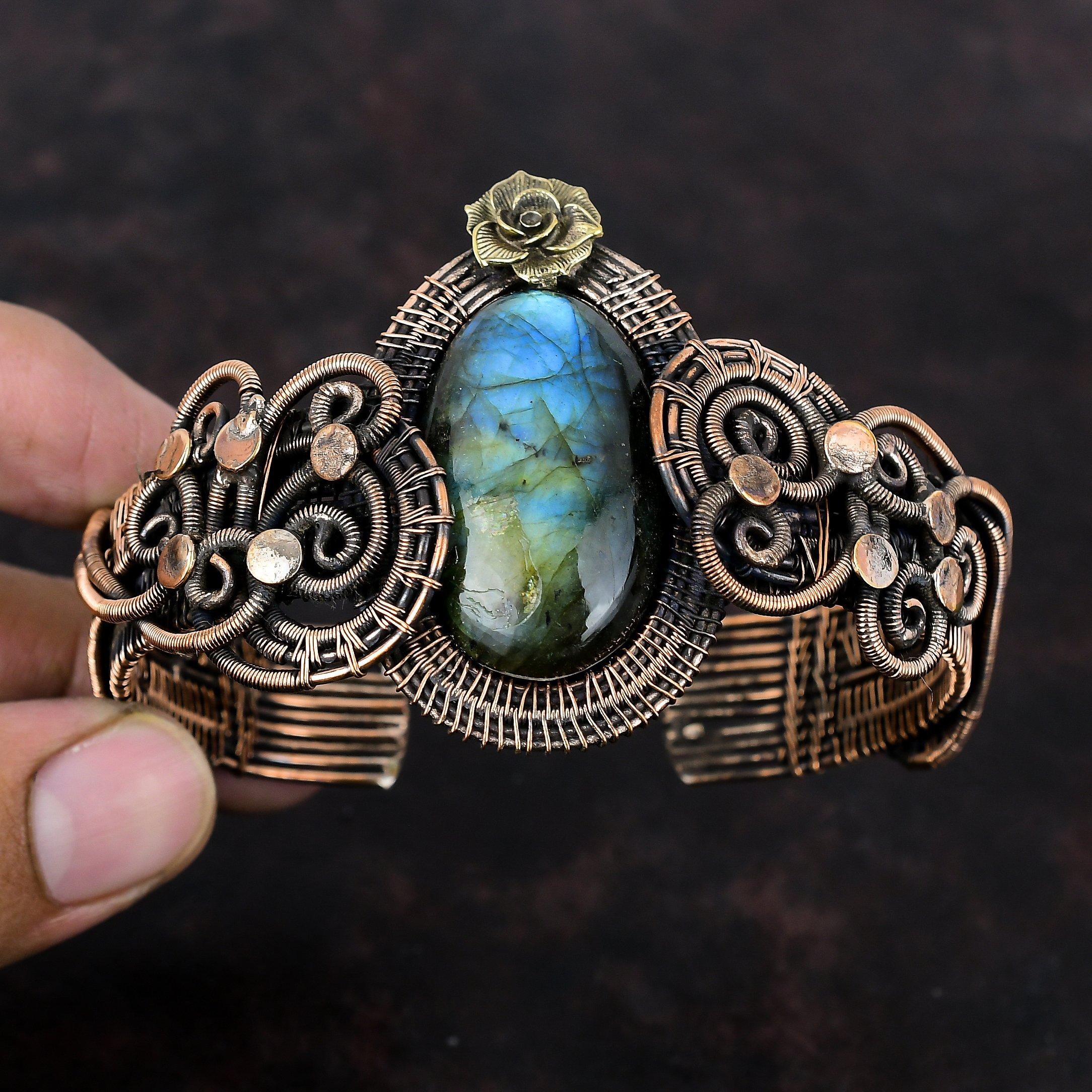 Labradorite Gemstone Cuff Bracelet Adjustable Bangle Copper Wire Wrapped Cuff Bracelet Flower Bangle Designer Copper Jewelry Handmade Bangle