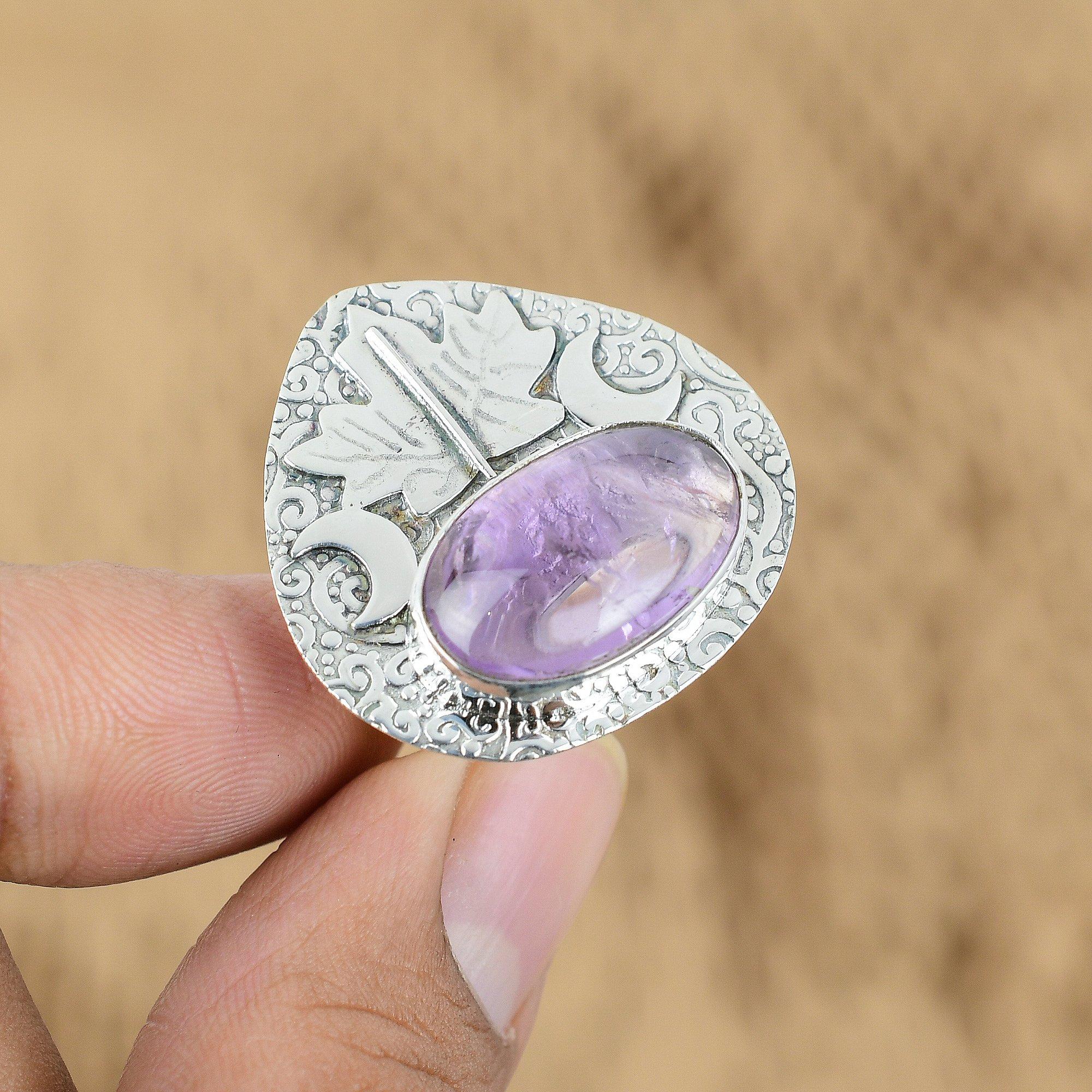 Natural African Amethyst 925 Silver Cresent Moon Adjustable Ring For Women