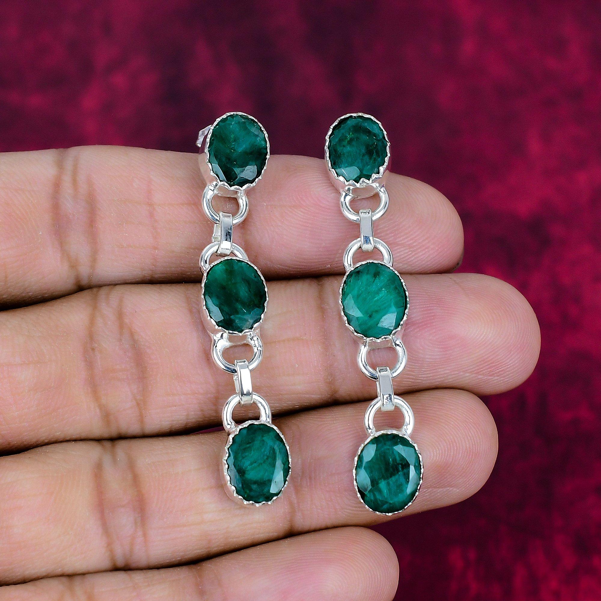 Emerald 925 Solid Sterling Silver Earrings, Handmade Gemstone Earrings Jewelry, Gifts For Wife Brand New Earrings