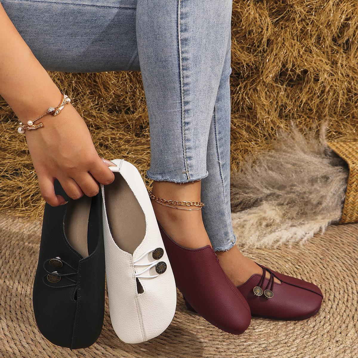 Women's Soft Leather Flat Casual Shoes, Round Toe Shallow Mouth Slip-On Loafers, Plus Size Comfort Footwear