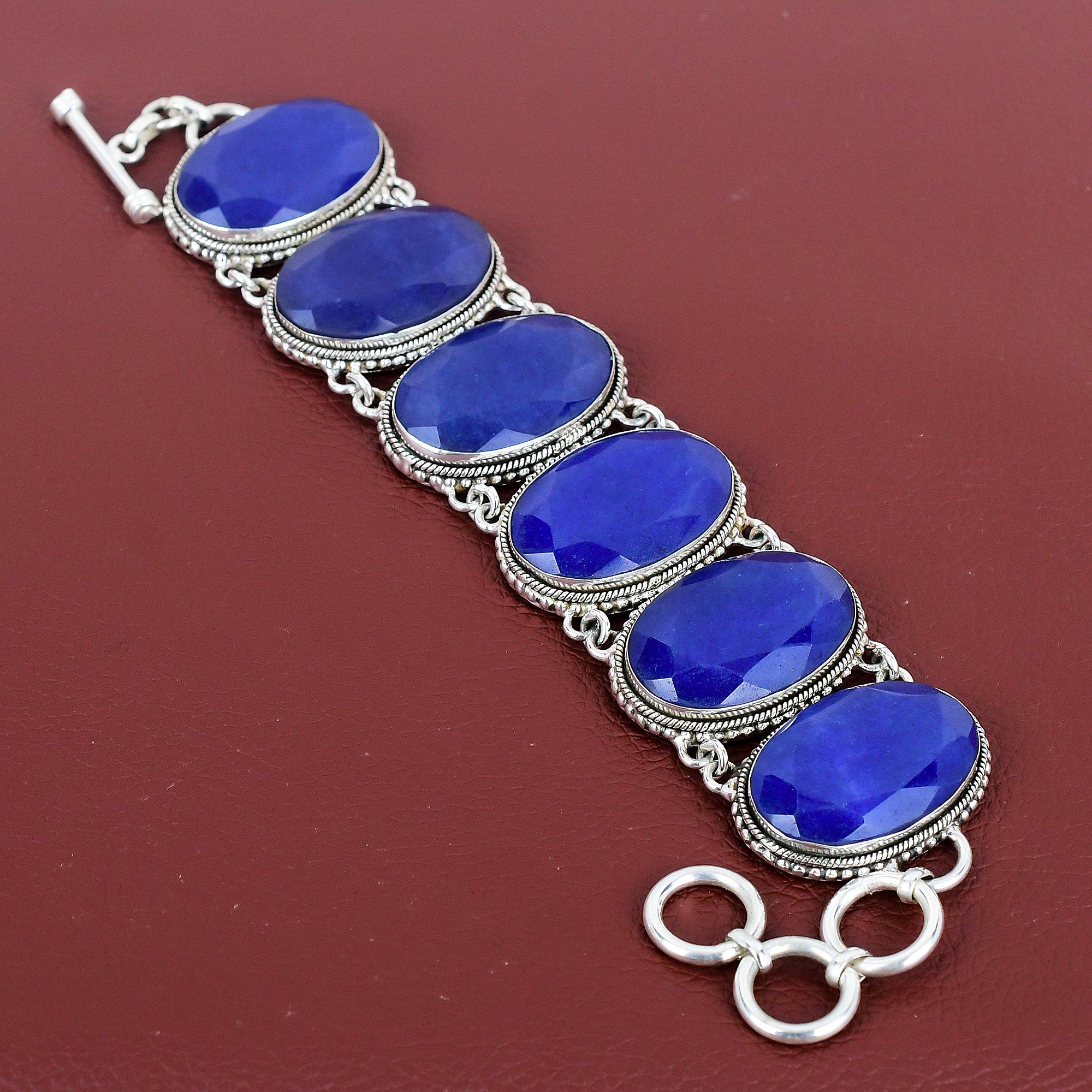 Faceted Blue Sapphire Bracelet 925 Sterling Silver Bracelet Handmade Jewelry Adjustable Chain Bracelet Gemstone Vintage Jewelry Wedding Gift