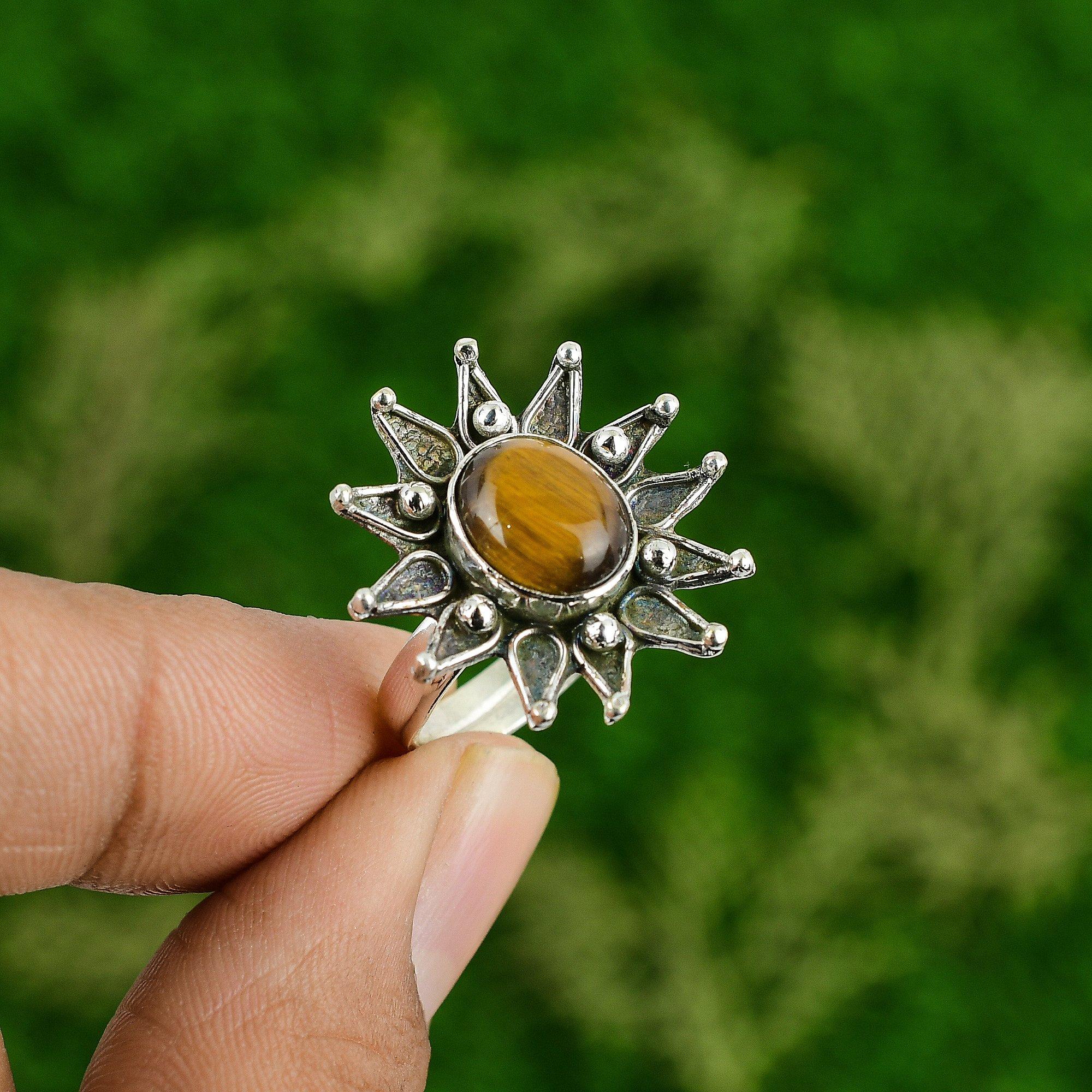 Tigers Eye Stone New Promise Flower Engagement Ring Jewelry 925 Sterling Silver