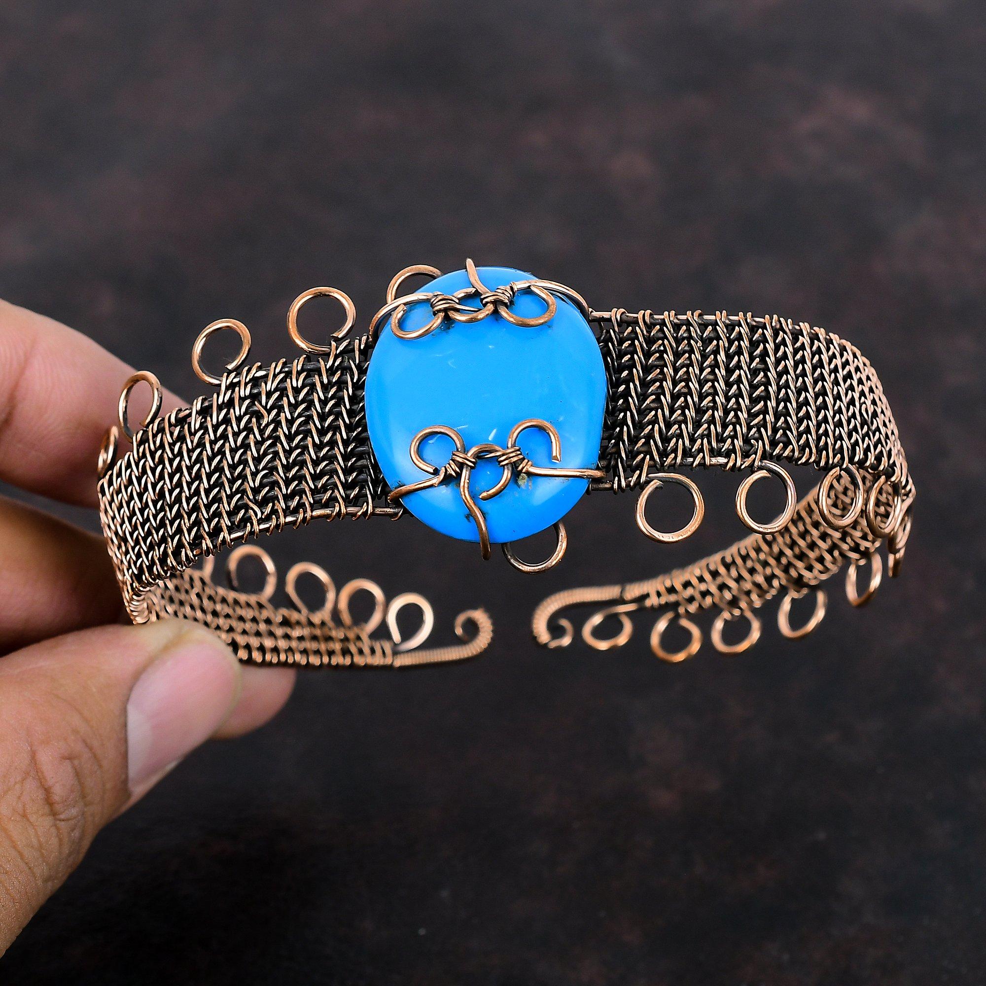 Dornröschen Türkis Armreif Kupferdraht umwickelt Verstellbares Manschettenarmband Echter Edelstein Manschette Handgefertigter Armreif Geschenk für Sie Kupferschmuck