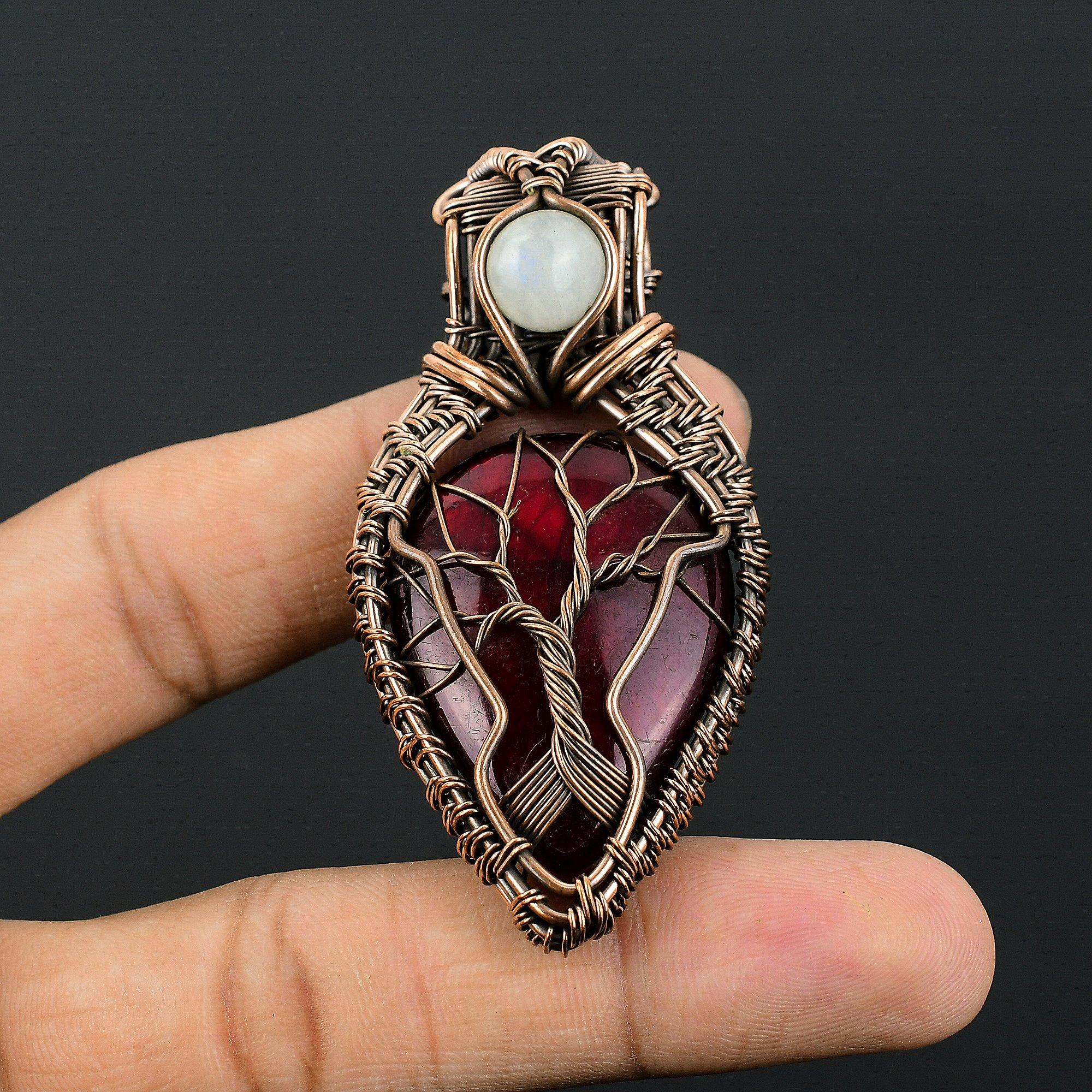 Red Flash Labradorite & Rainbow Moonstone Pendant, 999 Copper Wire Wrapped Jewelry, Gemstone Jewelry Pendant, Handmade Wedding Gift Jewelry