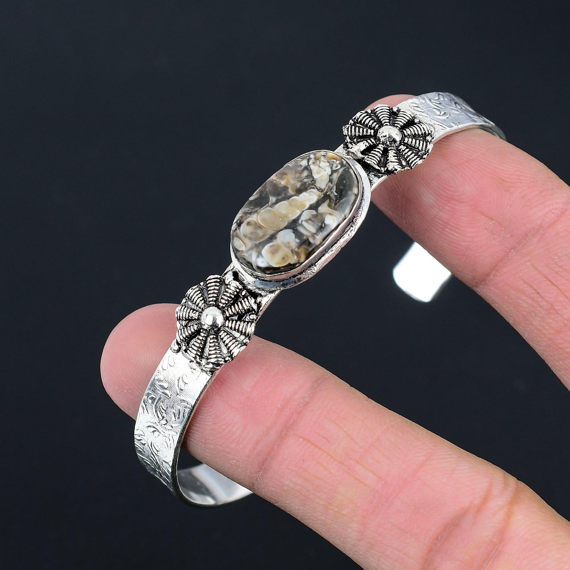 Mothers Day Deal Sterling Silver Oval Turritella Agate Gemstone Bangle Bracelet
