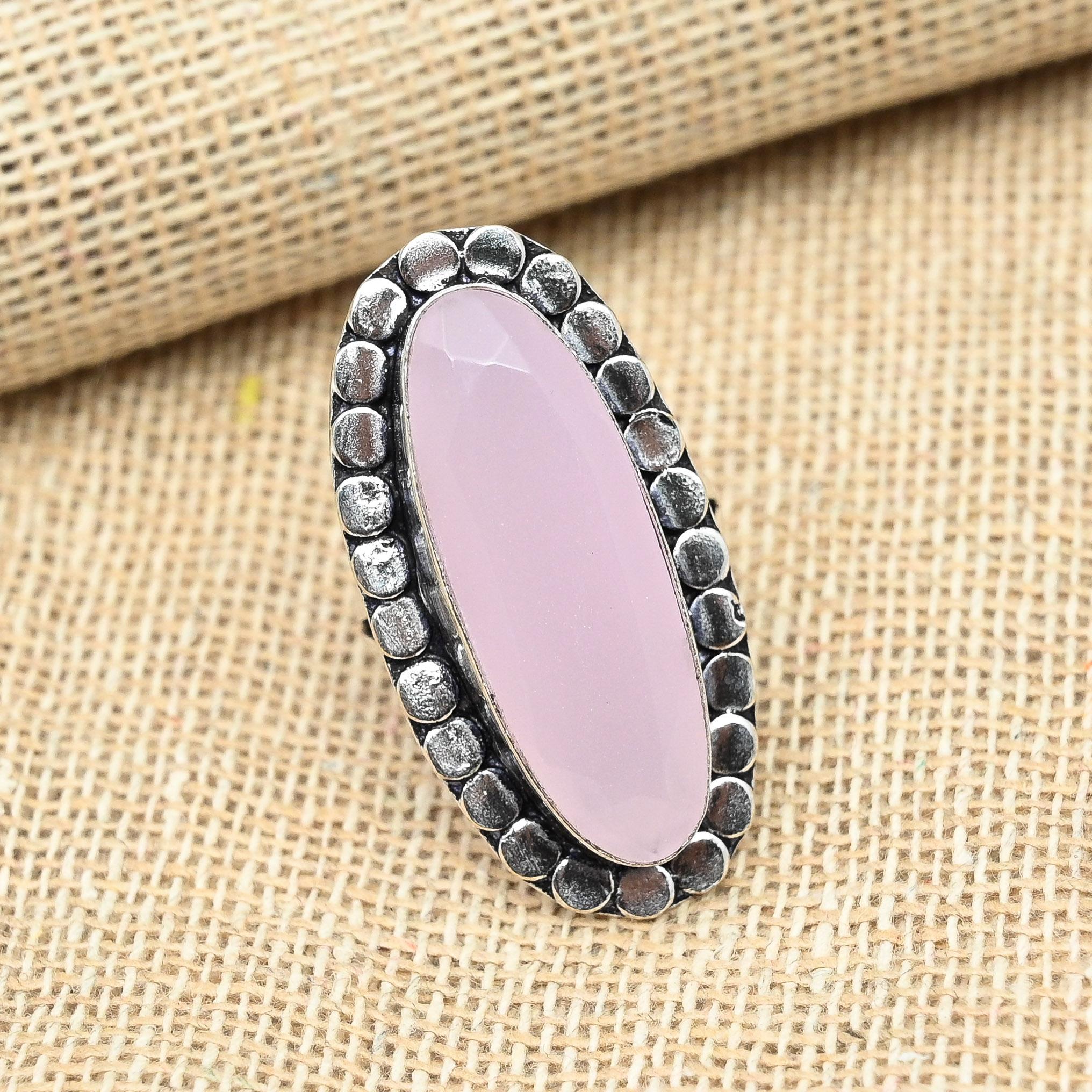 Solid 925 Sterling Silver Pink Chalcedony Gemstone Handmade Ring Dainty Jewelry