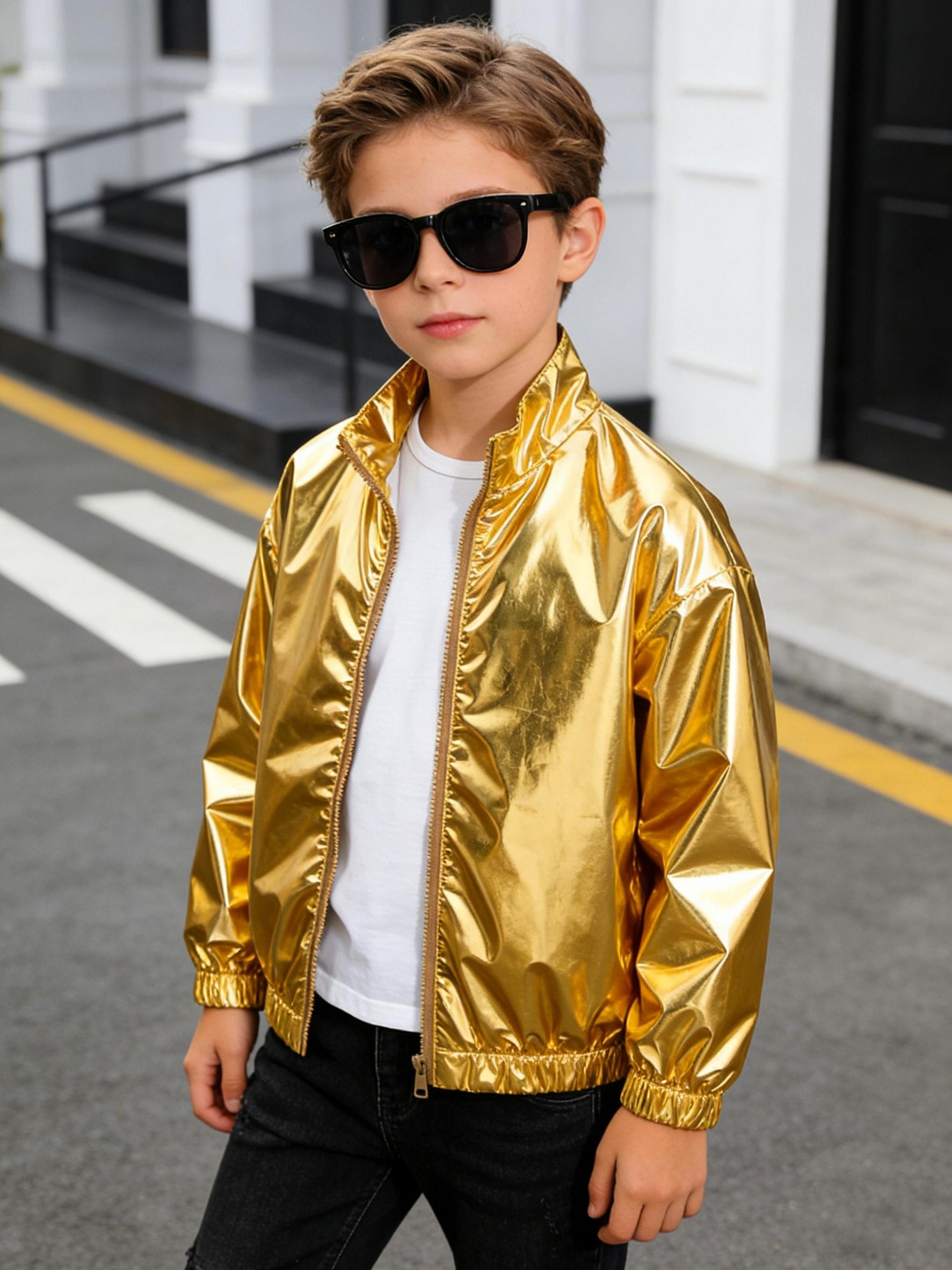 Jungen Glänzende Metallische Bühnenjacke, Kinderpartykostüm, Modenschau Oberbekleidung für Jungen 130-170