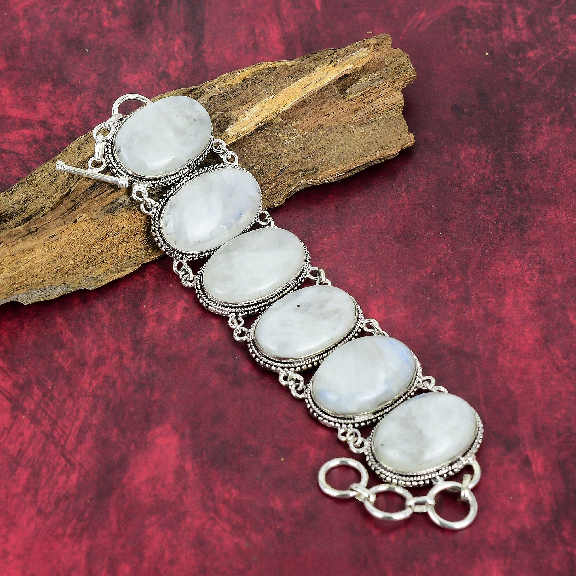 Regenbogen Mondstein Handgemachtes Armband, 925 Sterling Silber Schmuck für Sie, Mondstein Edelstein Schmuck Verstellbares Armband für Sie