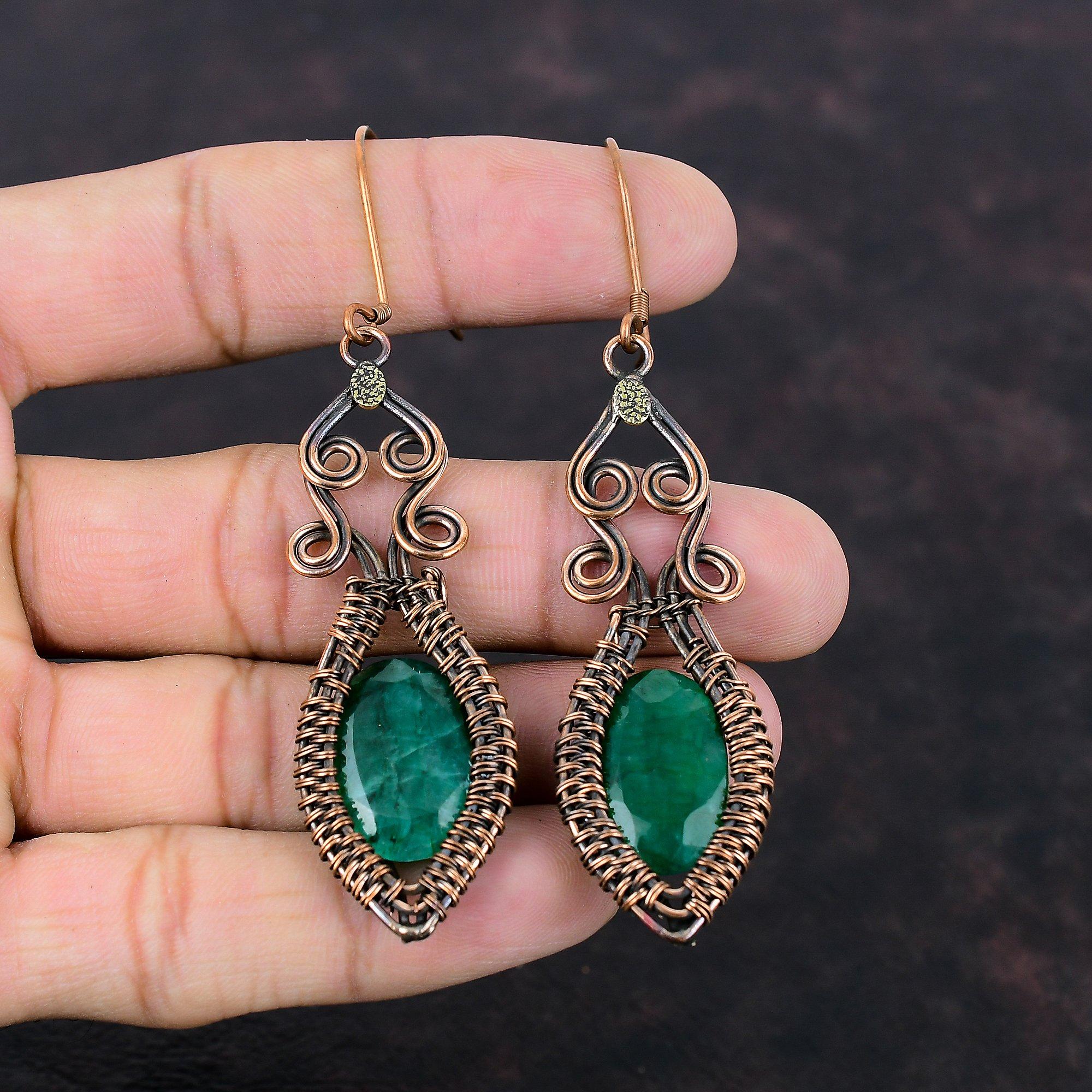 Faceted Zambian Emerald Earring Copper Wire Wrapped Earring Unique Copper Design Jewelry Handmade Earrings Gemstone Jewelry Gift For Bridal