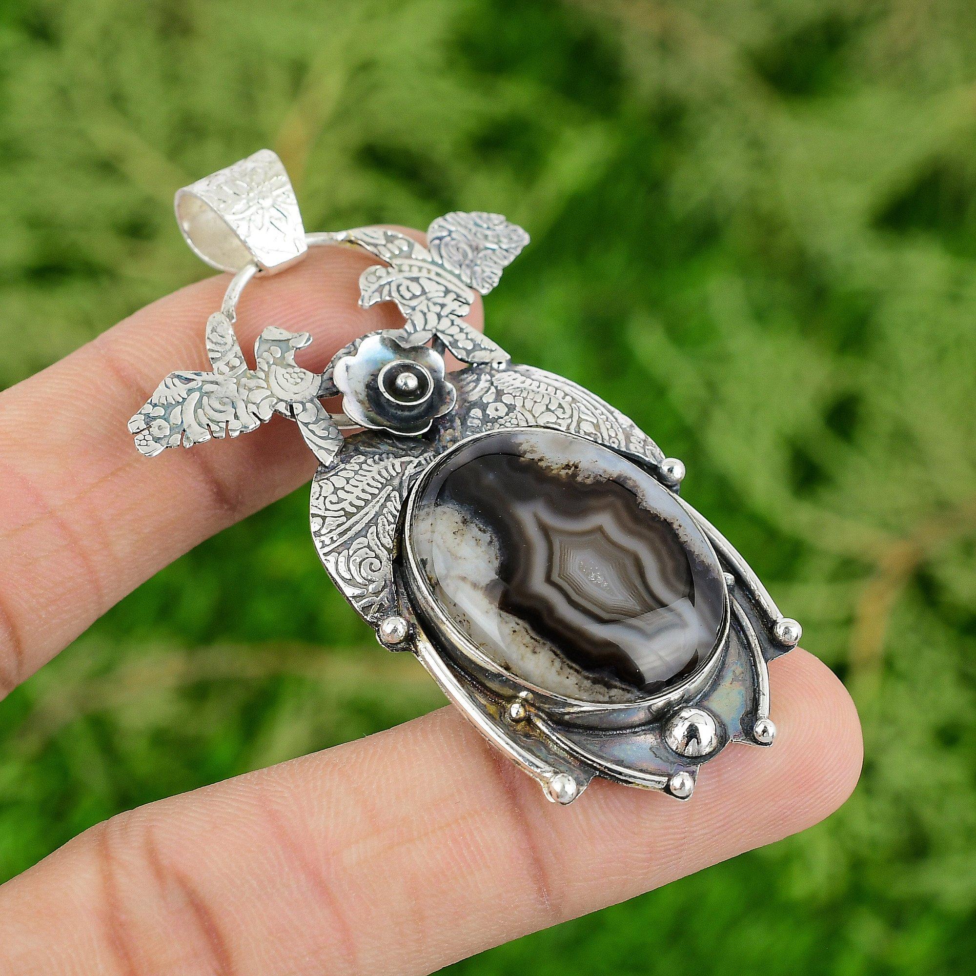 Sisters Day Sale Oval Botswana Agate Stone Sterling Silver Elegant New Pendant