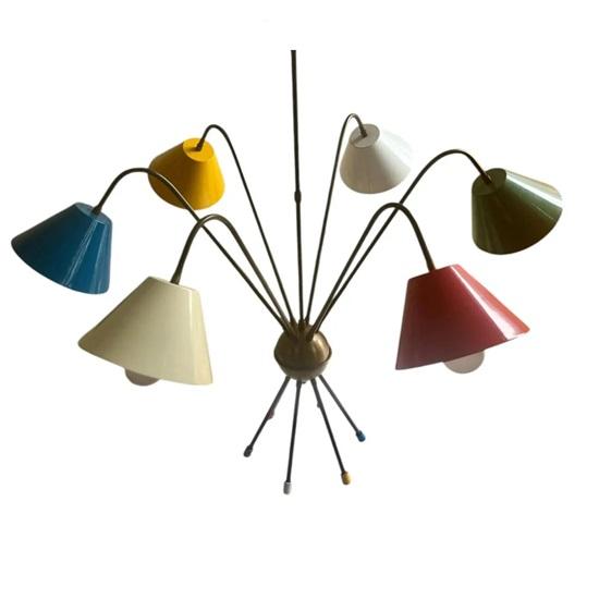 Mid-Century Modern Sputnik Kronleuchter 6-flammig Messing Deckenleuchte Bunte Schirme Retro Hängelampe für Wohn-, Esszimmer