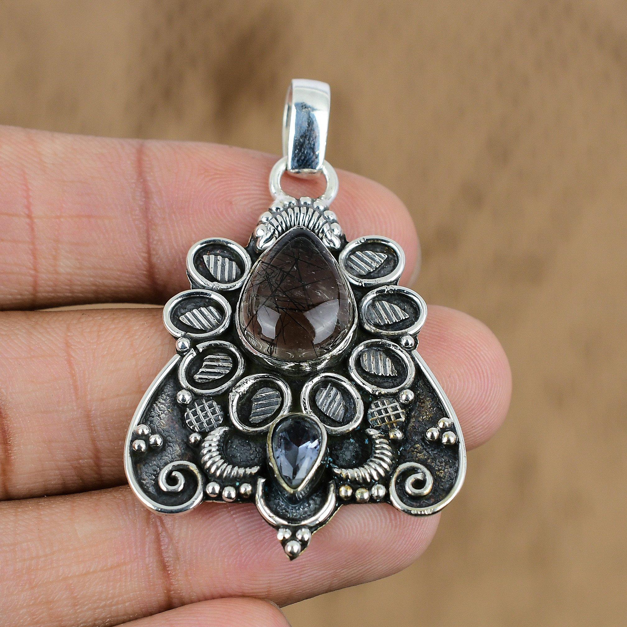 Natural Rutile Gemstone Pendant Black 925 Sterling Silver Indian Jewelry