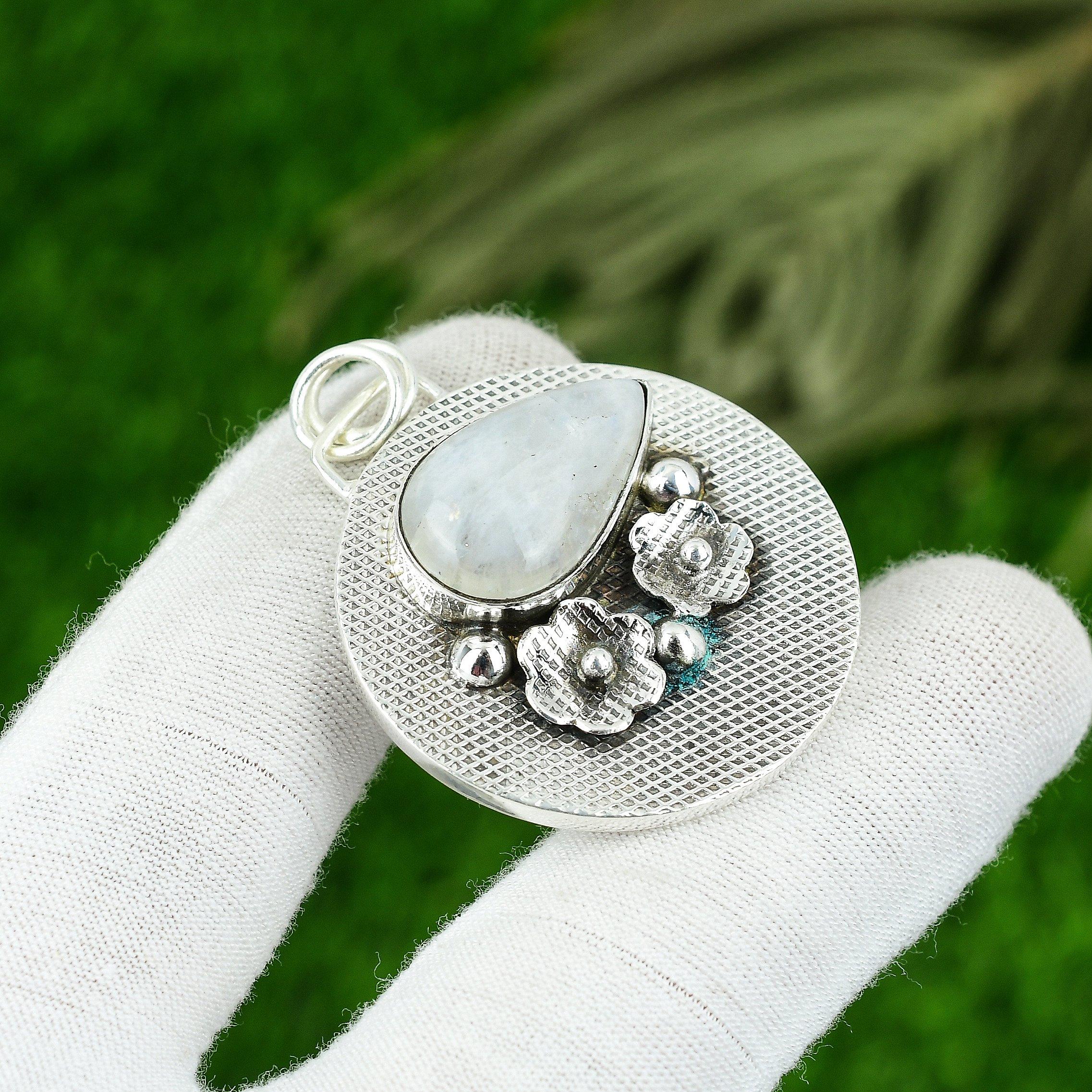 Doğal Gökkuşağı Aytaşı Değerli Taş Kolye Beyaz 925 Ayar Gümüş Takı