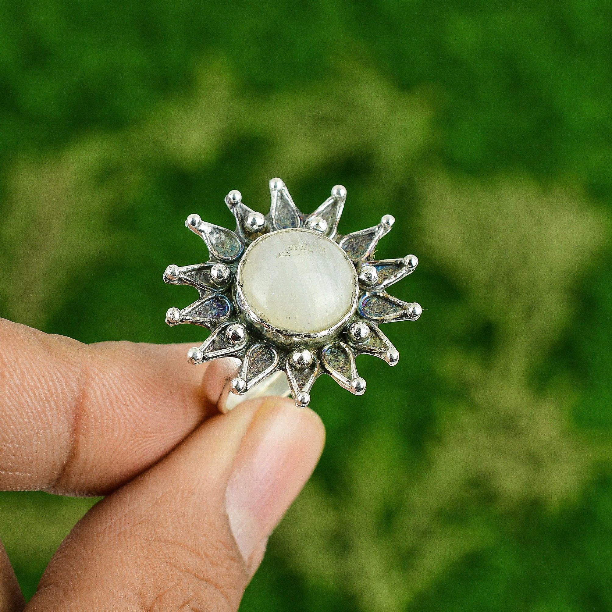 Gift For Her 925 Silver Natural Rainbow Moonstone Promise Flower Adjustable Ring