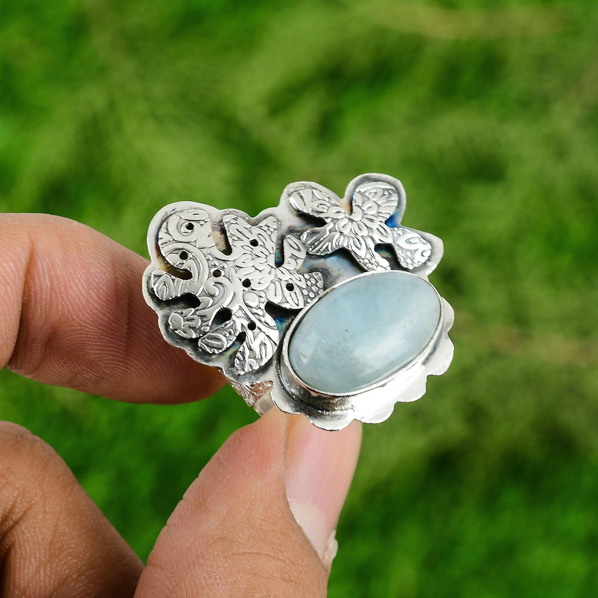 Womens day Sale Sterling Silver Aquamarine Gemstone Bezel Statement Mother Ring