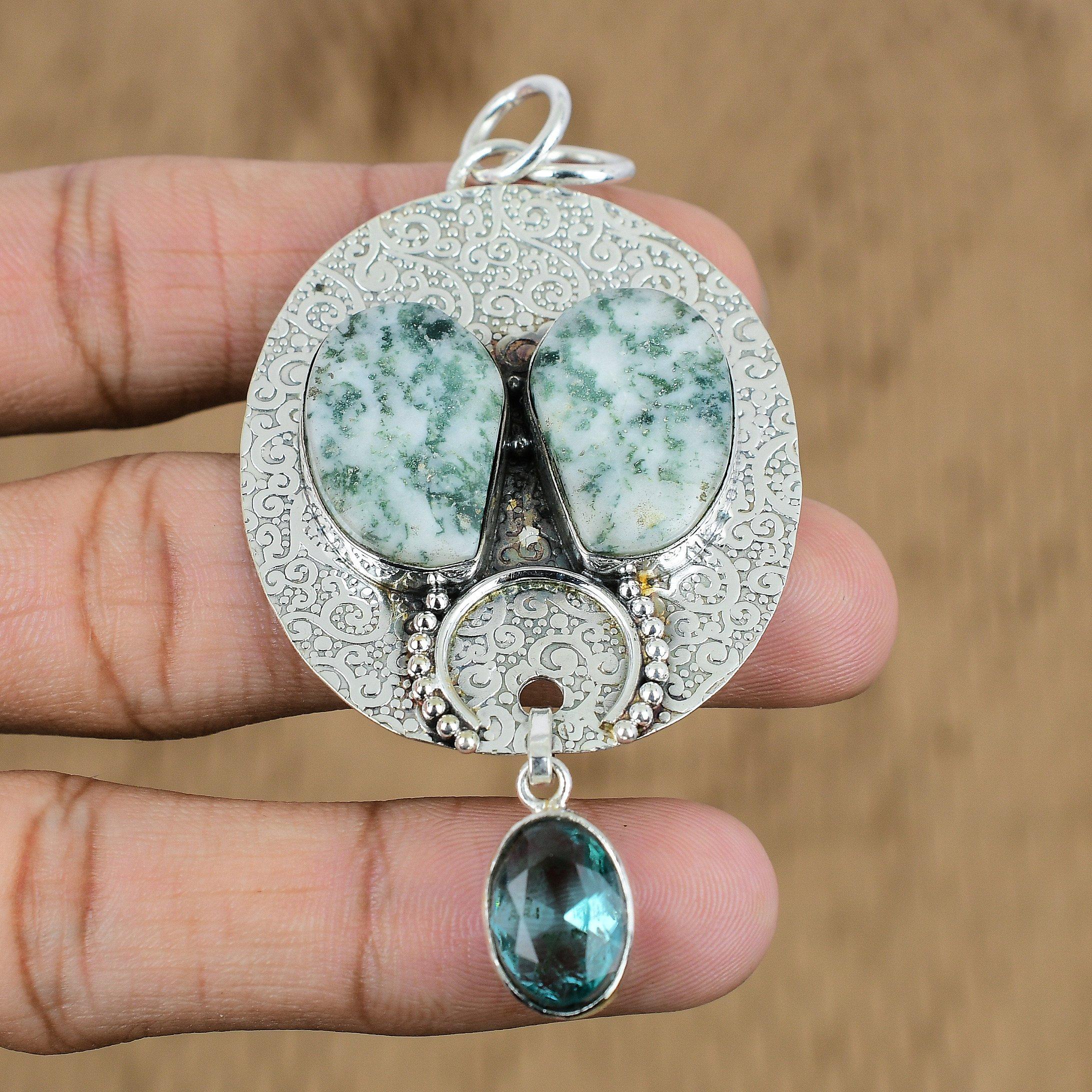 Birthday Gift For Her Natural Tree Agate Gemstone Pendant 925 Sterling Silver