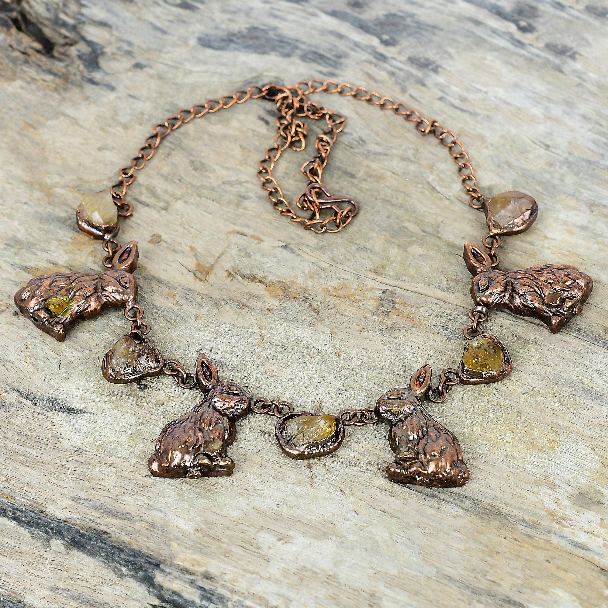 Citrine rough necklace electroformed copper adjustable chain necklace handmade jewelry rabbit necklace for gifts original gemstone jewelry