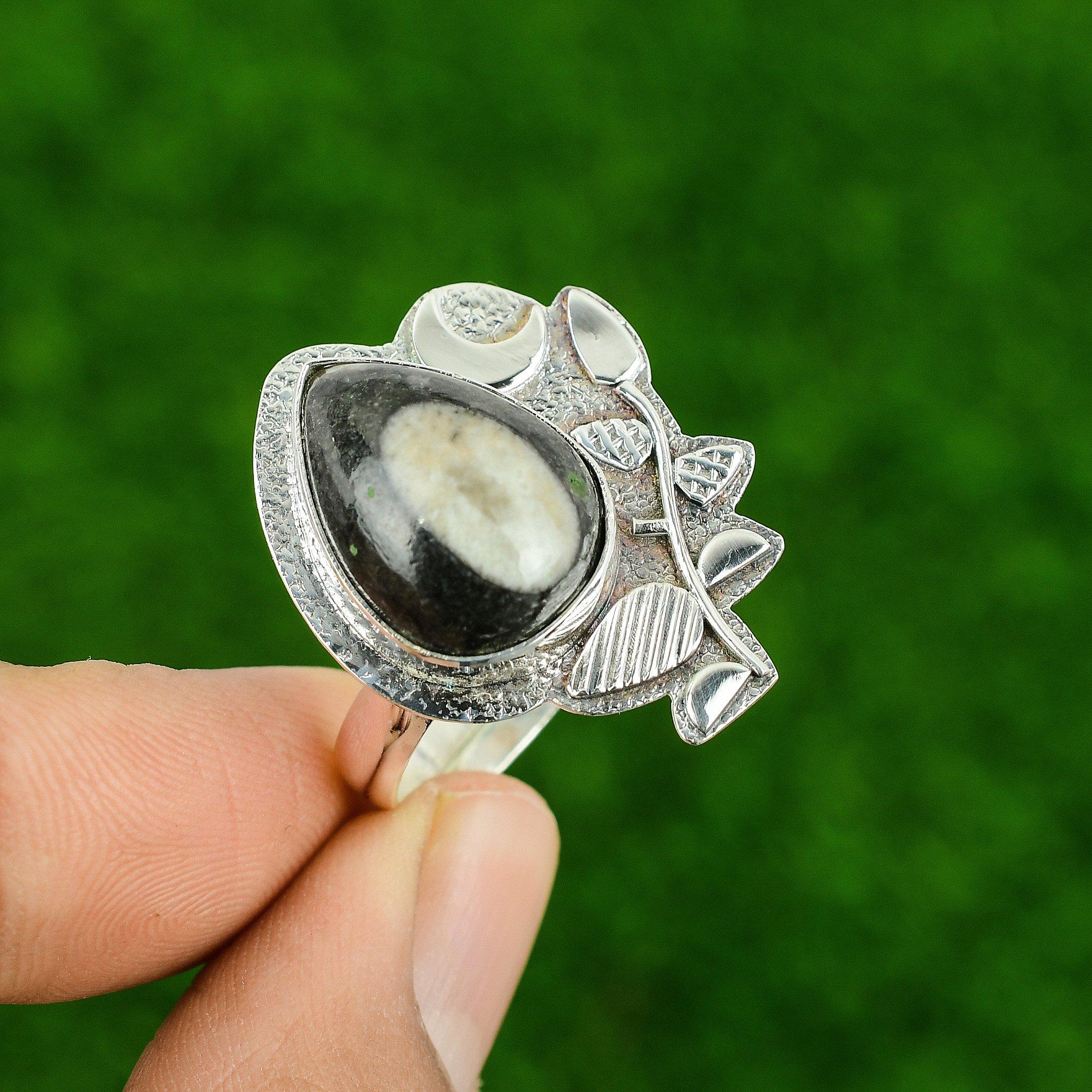 925 Silver Orthoceras Fossil Gemstone Anniversary Sister Cescent Moon Bezel Ring