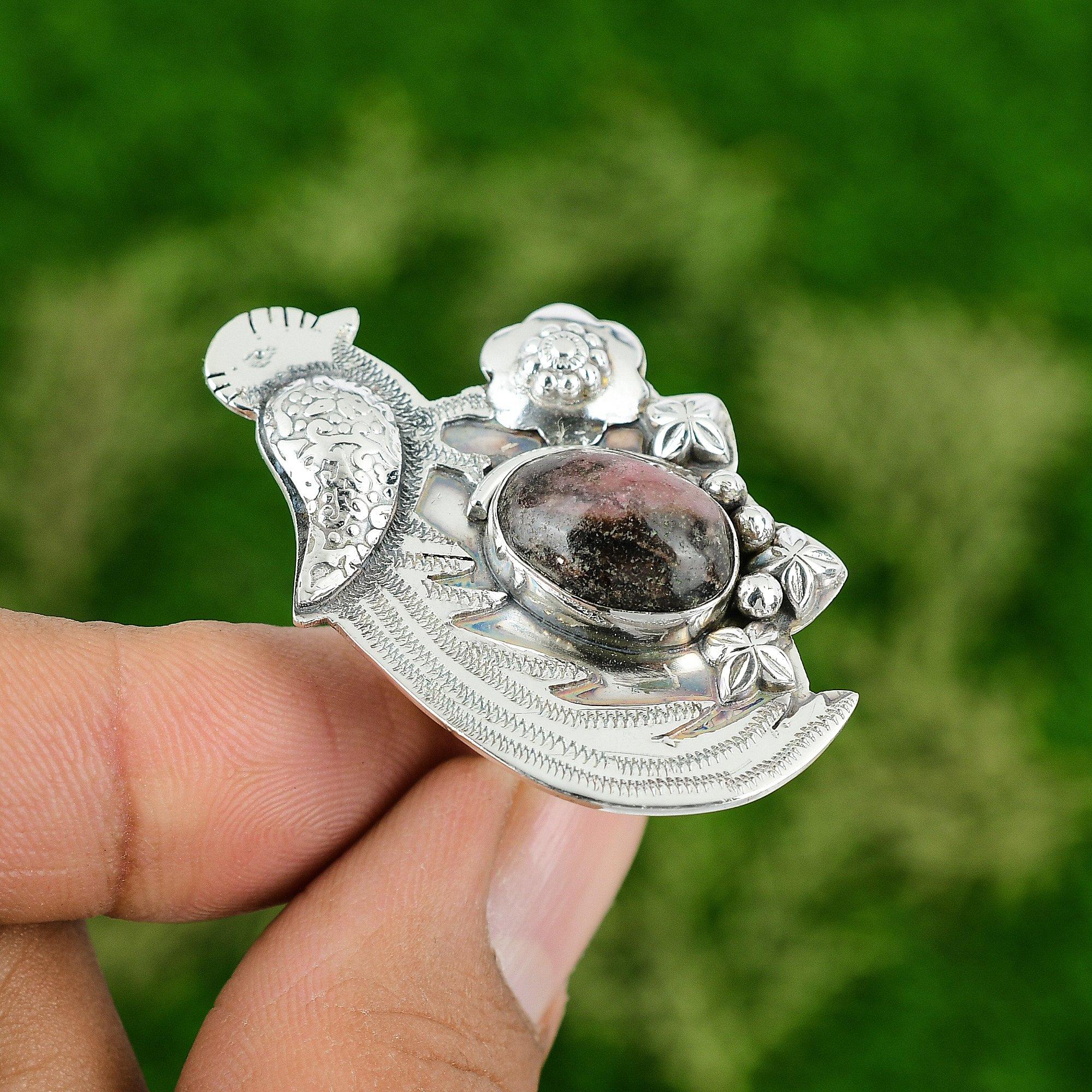 Natural Rhodonite Gemstone Multi Stone Bird Adjustable Ring 925 Sterling Silver