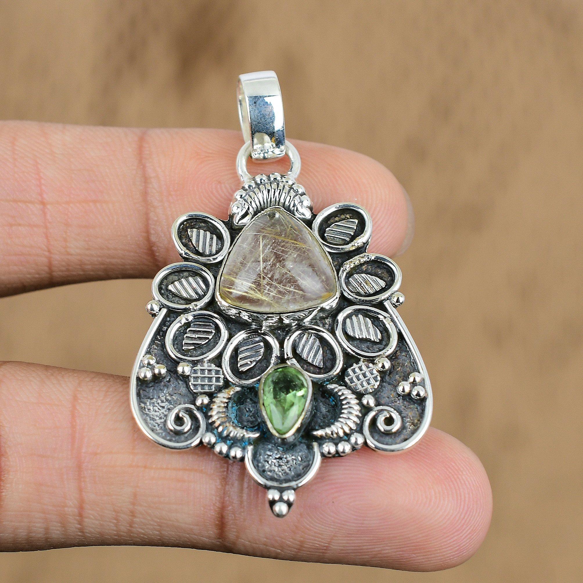 Cadeau de mariage pour elle Pendentif en argent sterling 925 et pierre gemme naturelle de rutile doré