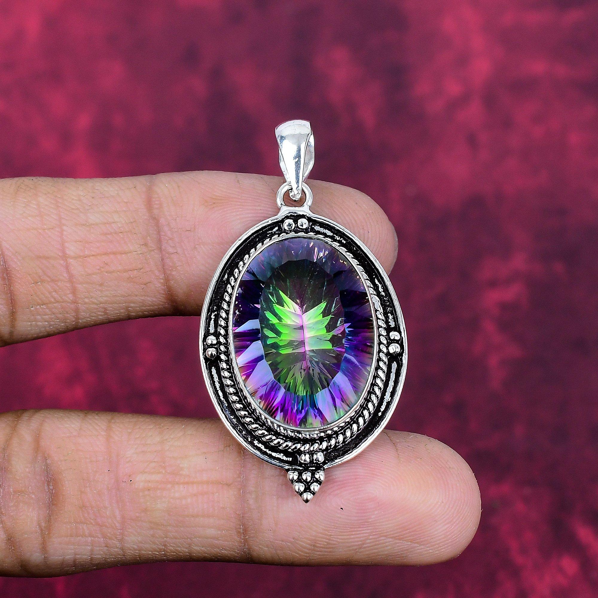 Ciondolo Topazio Mistico Arcobaleno Pietra Preziosa Gioielli, Ciondolo in Argento Sterling Massiccio 925, Gioielli Fatti a Mano Ciondolo Pietra di Nascita, Regalo Per Lui