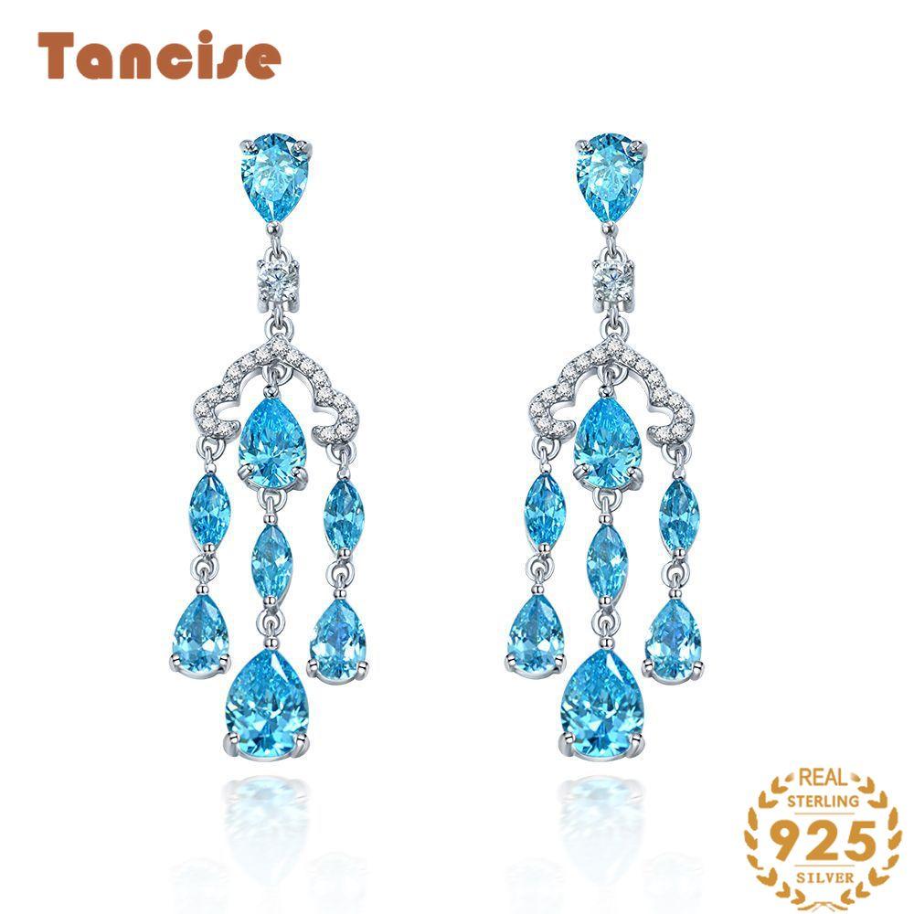 Tancise Jewelry Sea Blue Charm Series Earrings Are Fully Inlaid with High Carbon Diamond 6 * 8 Water Drop Earrings 925 Silver