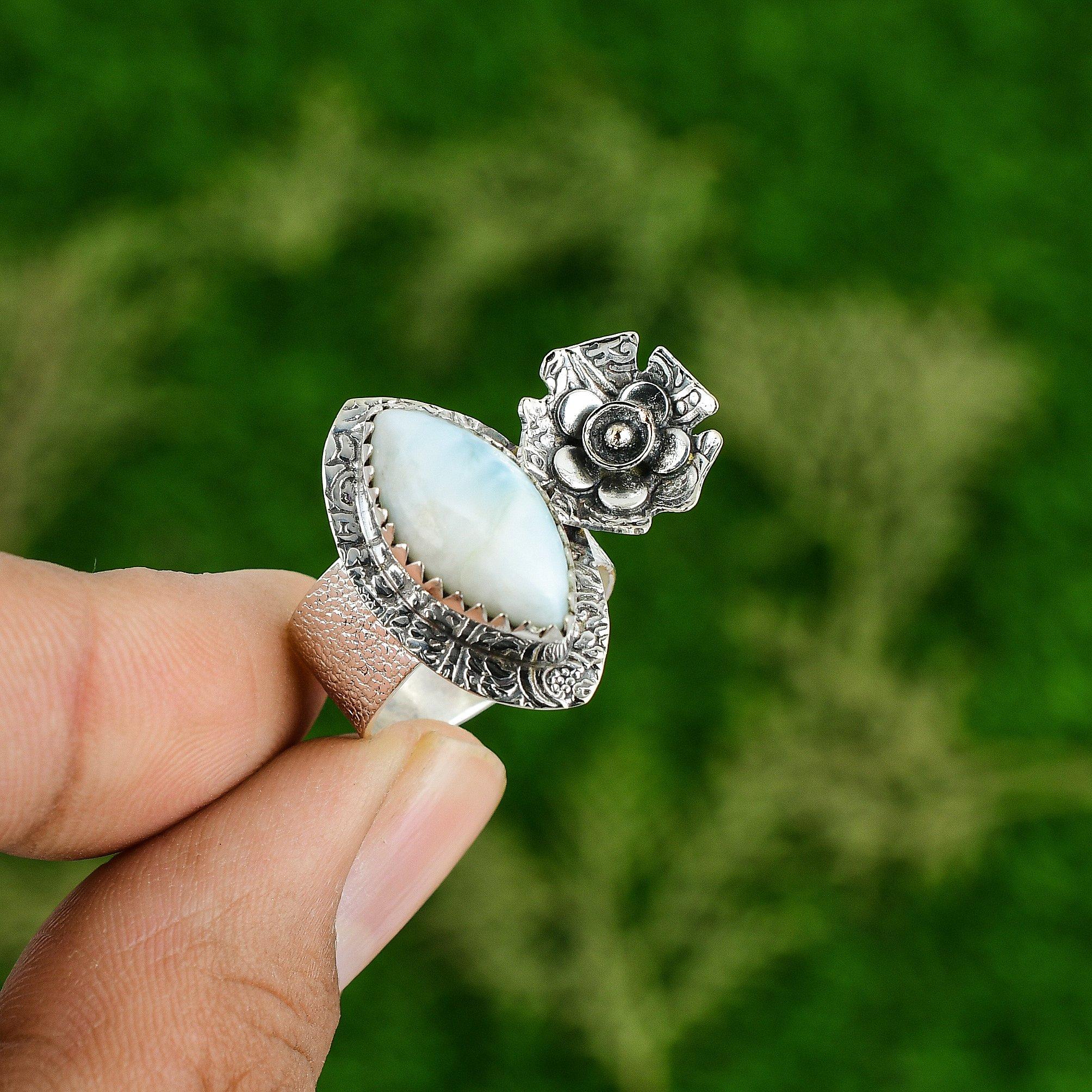 Anniversary Gift For Her Natural Larimar Promise Flower Ring Size 7 925 Silver