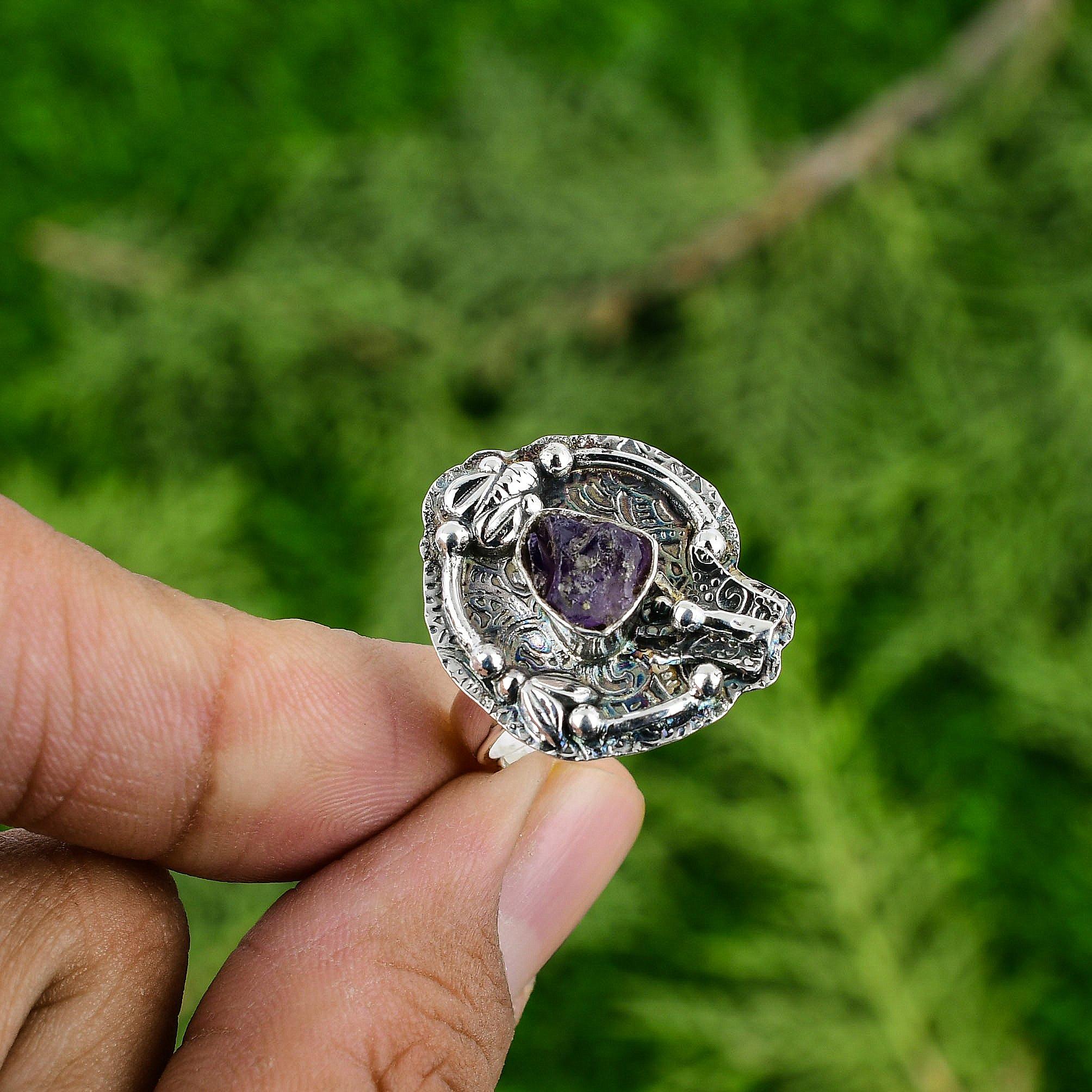 Natural African Amethyst Rough 925 Silver Stackable Adjustable Ring For Girls