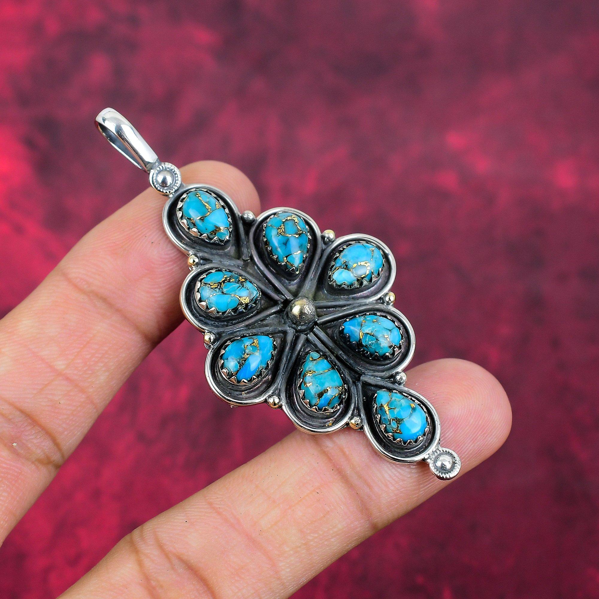 Blue Copper Turquoise Handmade Gemstone Pendant, 925 Solid Sterling Silver Pendant Antique Jewelry, For Engagement Gift