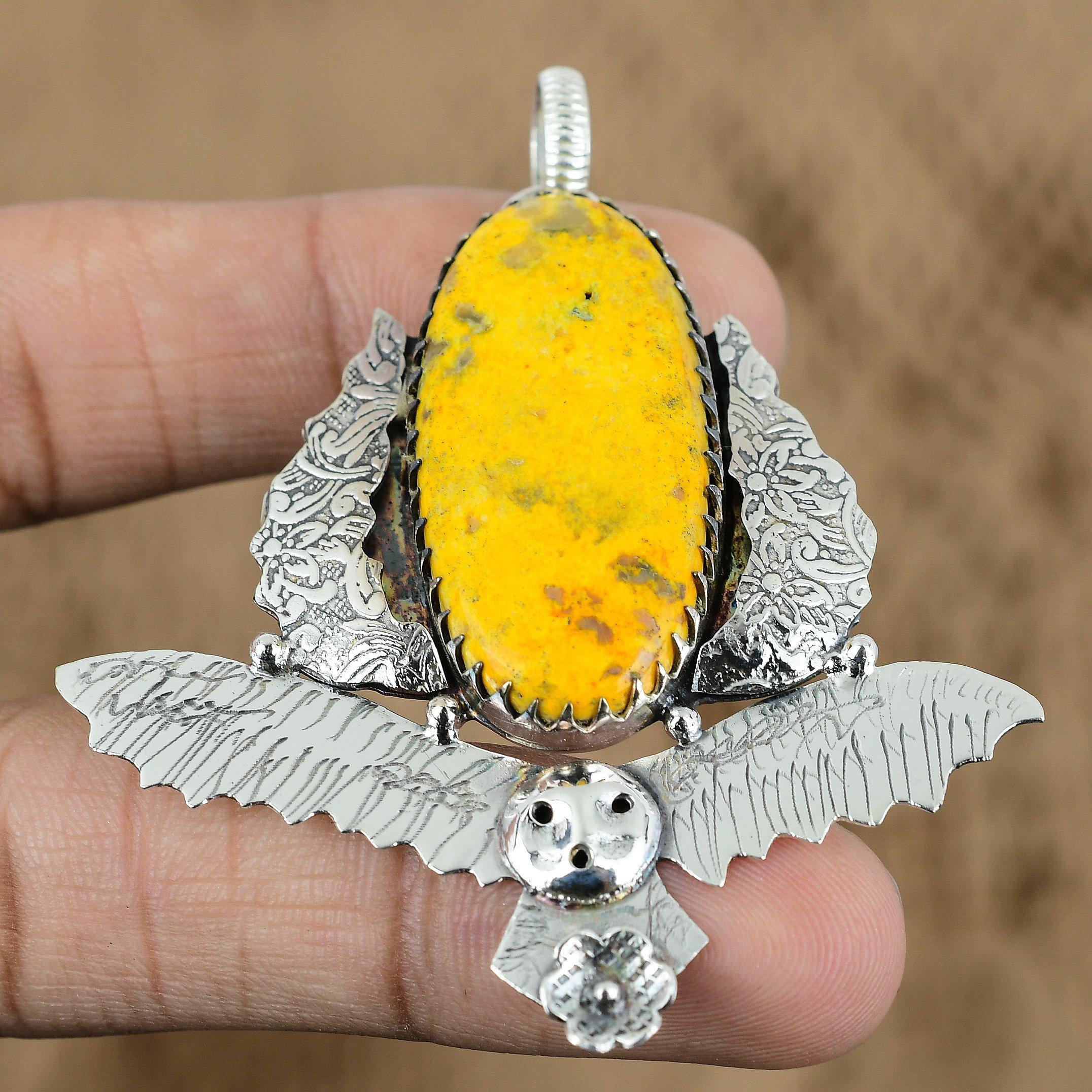 Natural Bumble Bee Jasper Gemstone Pendant Owl 925 Sterling Silver For Women