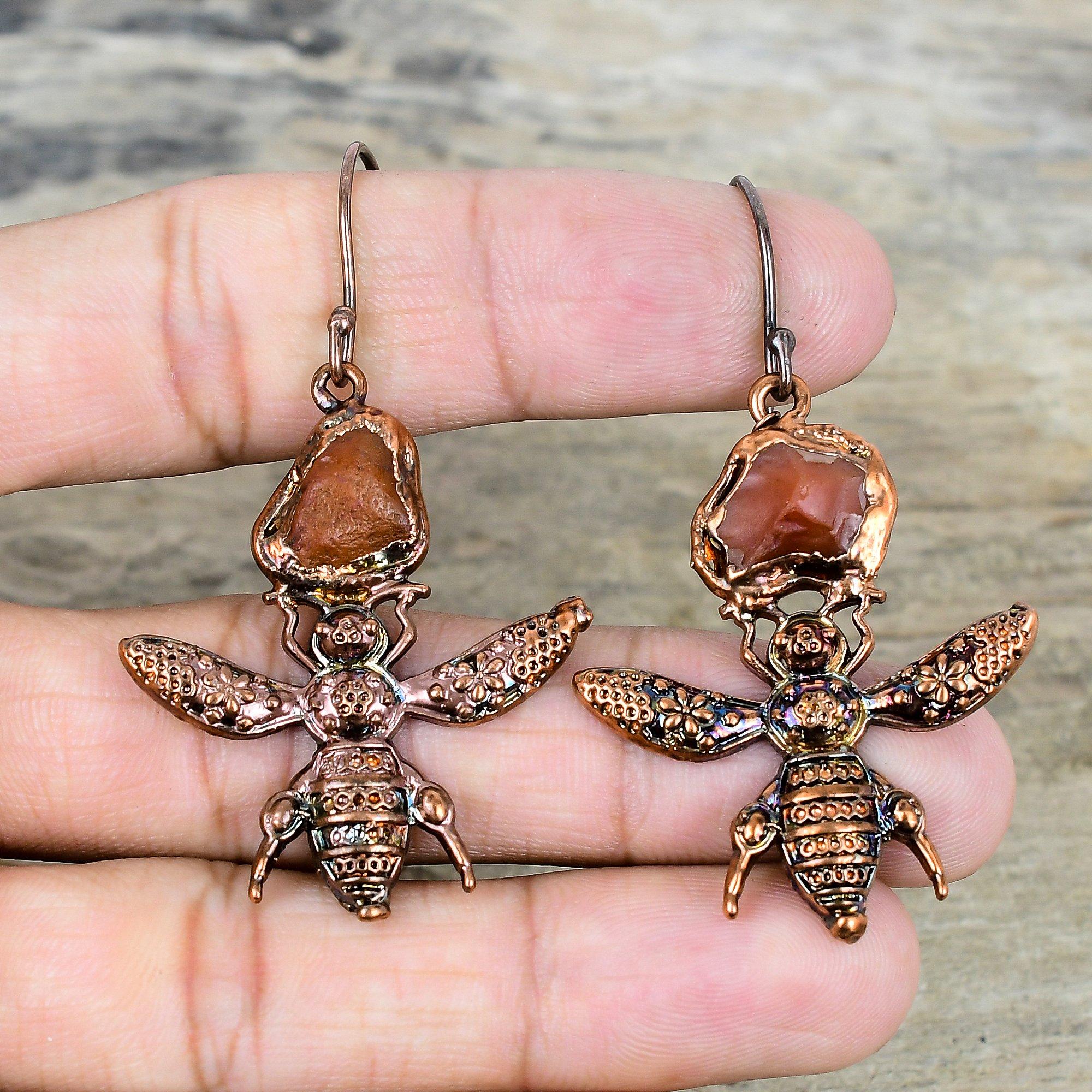 Carnelian Rough Gemstone Earring Electroformed Copper Earrings Unique Honey Bee Jewelry Handmade Earring Electroformed Jewelry Gifts for Her