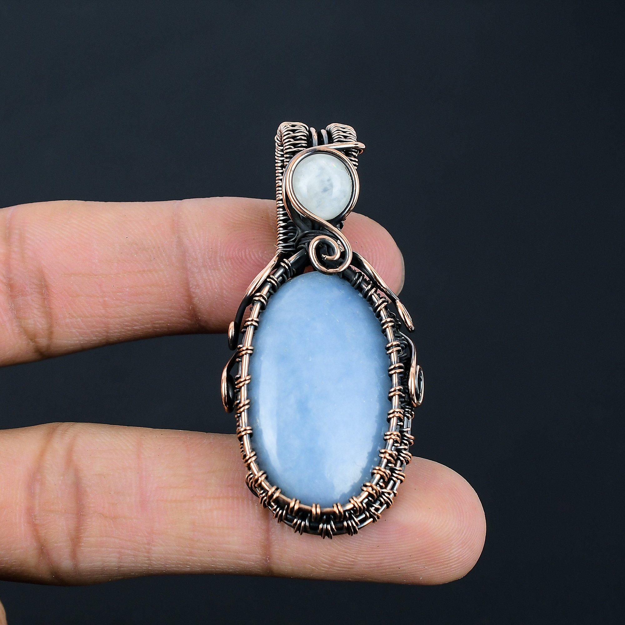 Pretty Angelite & Moonstone Gemstone Handmade Pure Copper Wire Wrap Jewelry Pendant For Love