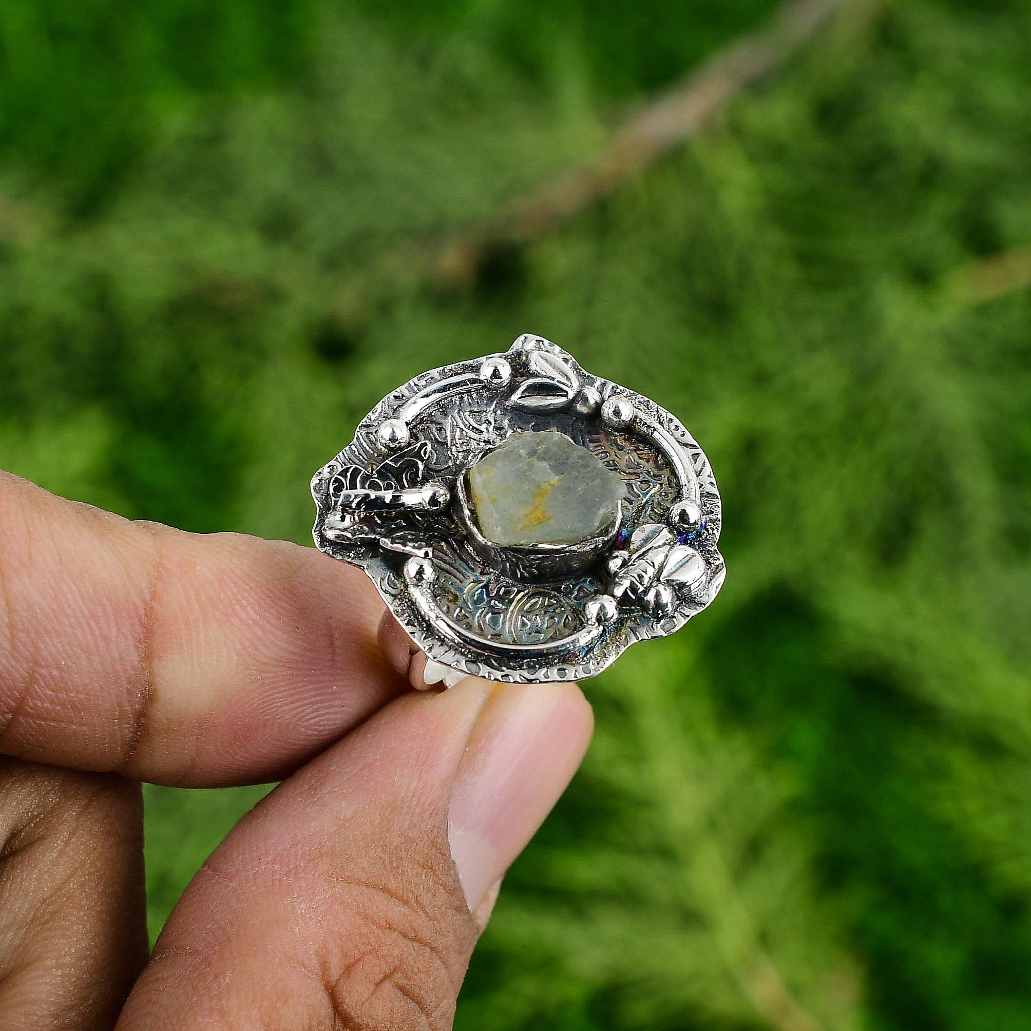 925 Sterling Silver Octagon Prehnite Rough Stone Elegant Ethnic New Ring Jewelry