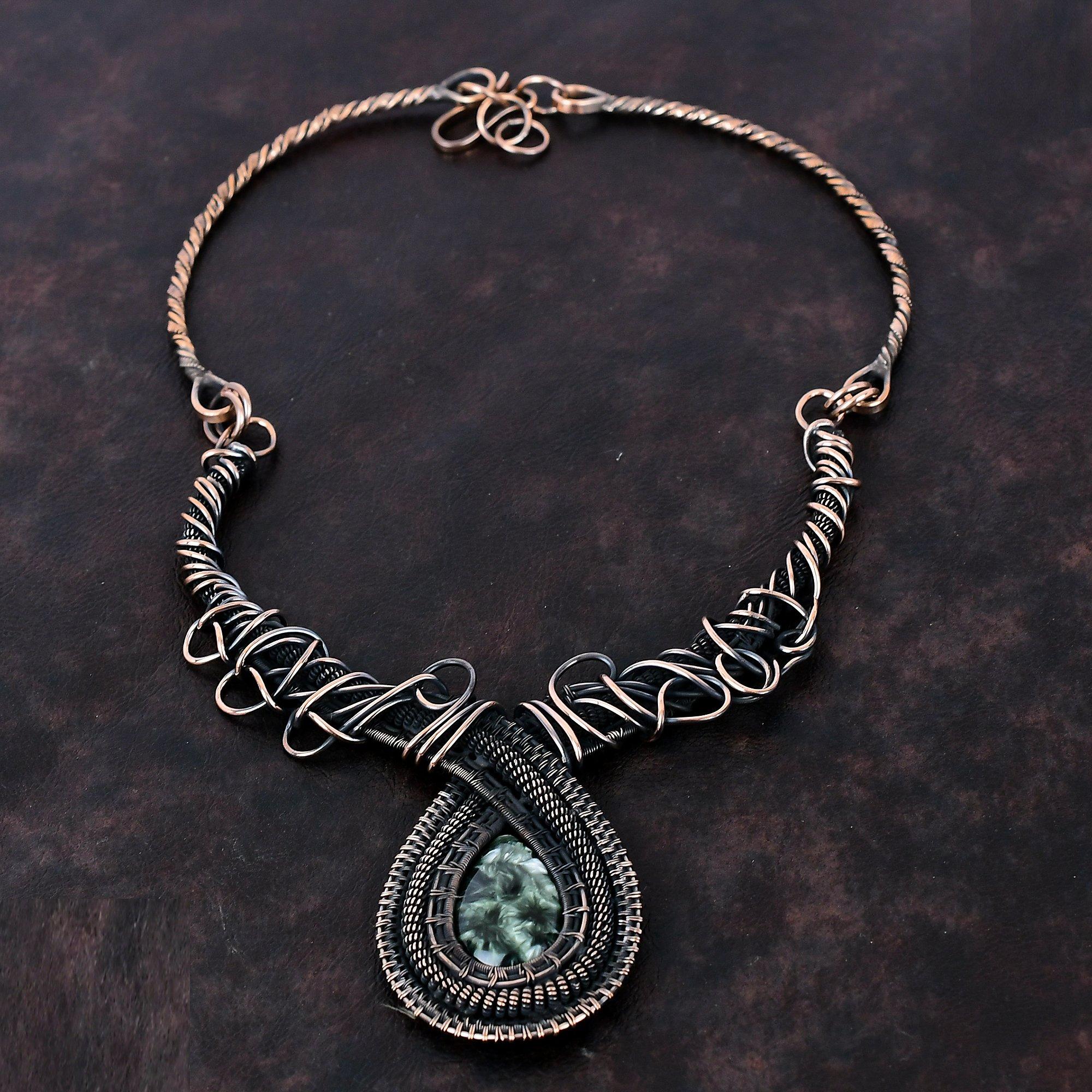 Seraphinite Necklace Copper Wire Wrapped Necklace Adjustable Necklace Copper Jewelry Handmade Gemstone Necklace Gift For Mom Amazing Jewelry